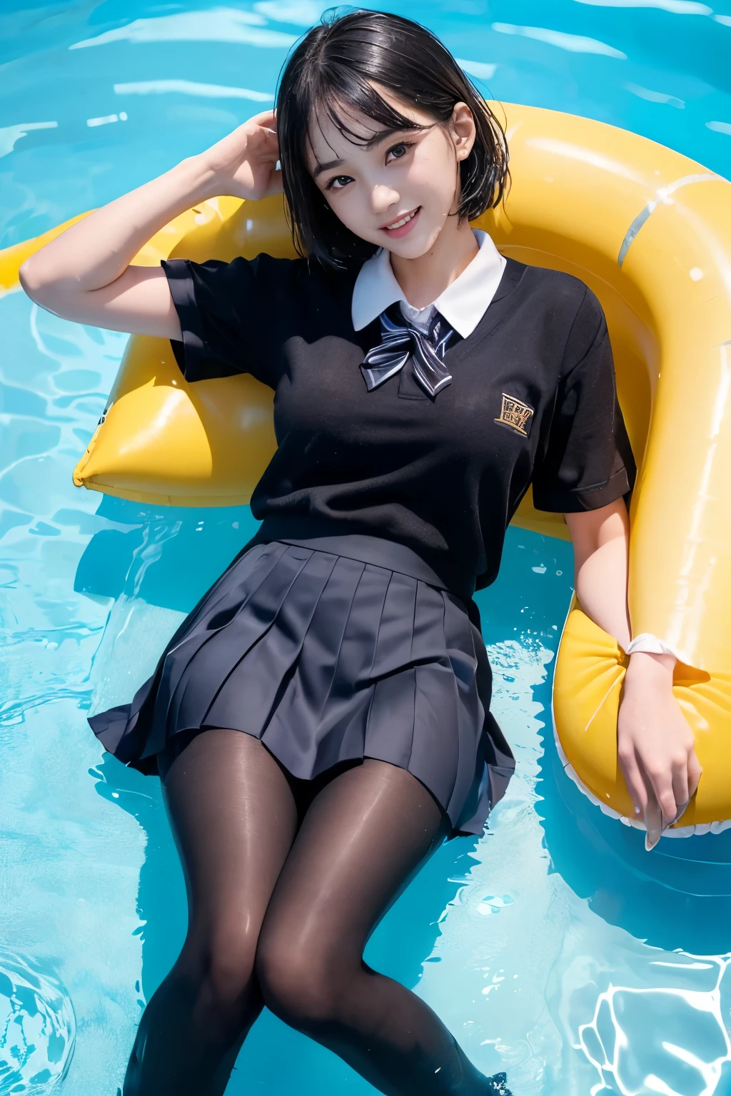 (((Beautiful girl in her school uniform riding a large float floating in the pool)))、(((wet 、wet bob hair、Wet hair、pleated skirt、Black pantyhose)))、smile、( absurdly,high quality , Super detailed),(See photographer )