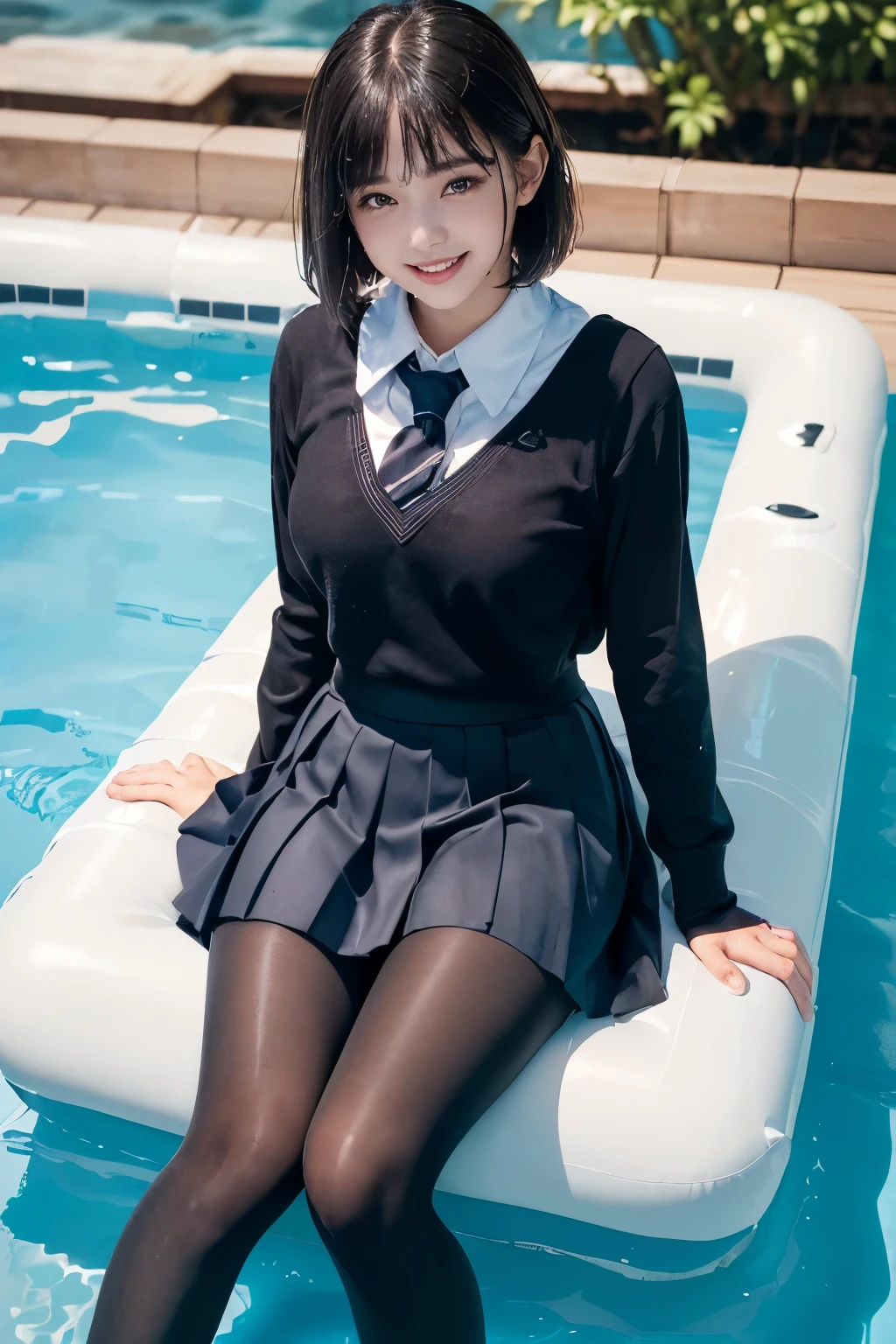 (((Beautiful girl in her school uniform riding a large float floating in the pool)))、(((wet 、wet bob hair、Wet hair、pleated skirt、Black pantyhose)))、smile、( absurdly,high quality , Super detailed),(See photographer )