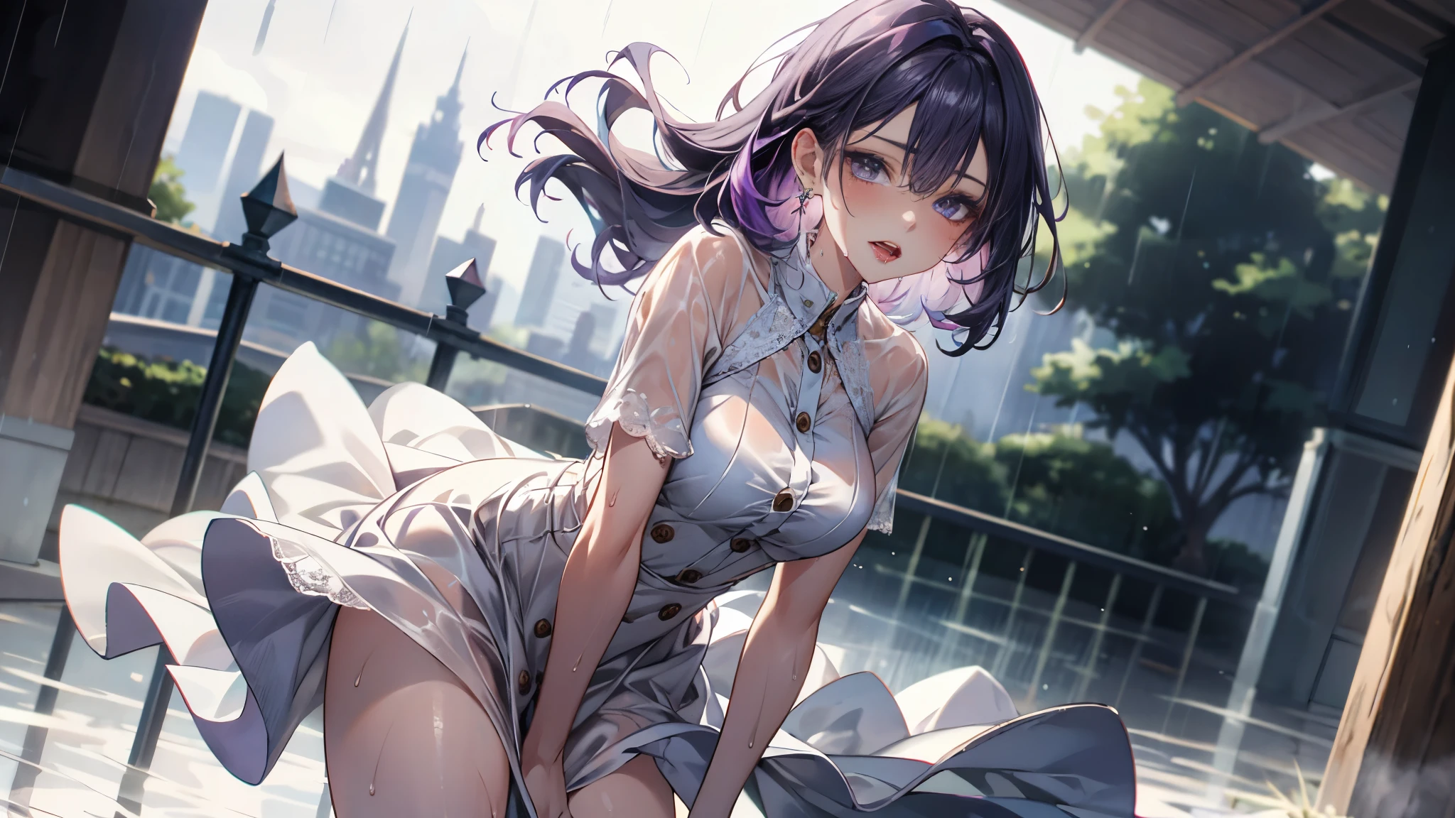 ((Best quality, 8K, Masterpiece: 1.3, 1girl, Beautiful girl)), cute, Dynamism, Detailed face, Detailed skin, detailed clothes, Detailed eyes, Detailed lips, Detailed tongue, Detailed fingers, Detailed mouth, Photorealistic, Raw photo, highres, Natural lighting, dynamic pose, perfect anatomy, toned legs, double eyelids, tear bags, round eyes, moist lips, sweaty, (she is wearing only white dress, white buttons), hair between eyes, purple hair, bare legs, half closed eyes, steam:1.5, sheer, wet clothes, sheer wet, ecstatic face, cowboy shot, shape of nipples, pubic hair:1.1, open mouth, tongue out, drooling, outdoor, night, rainy wet, rain, clothes tug
