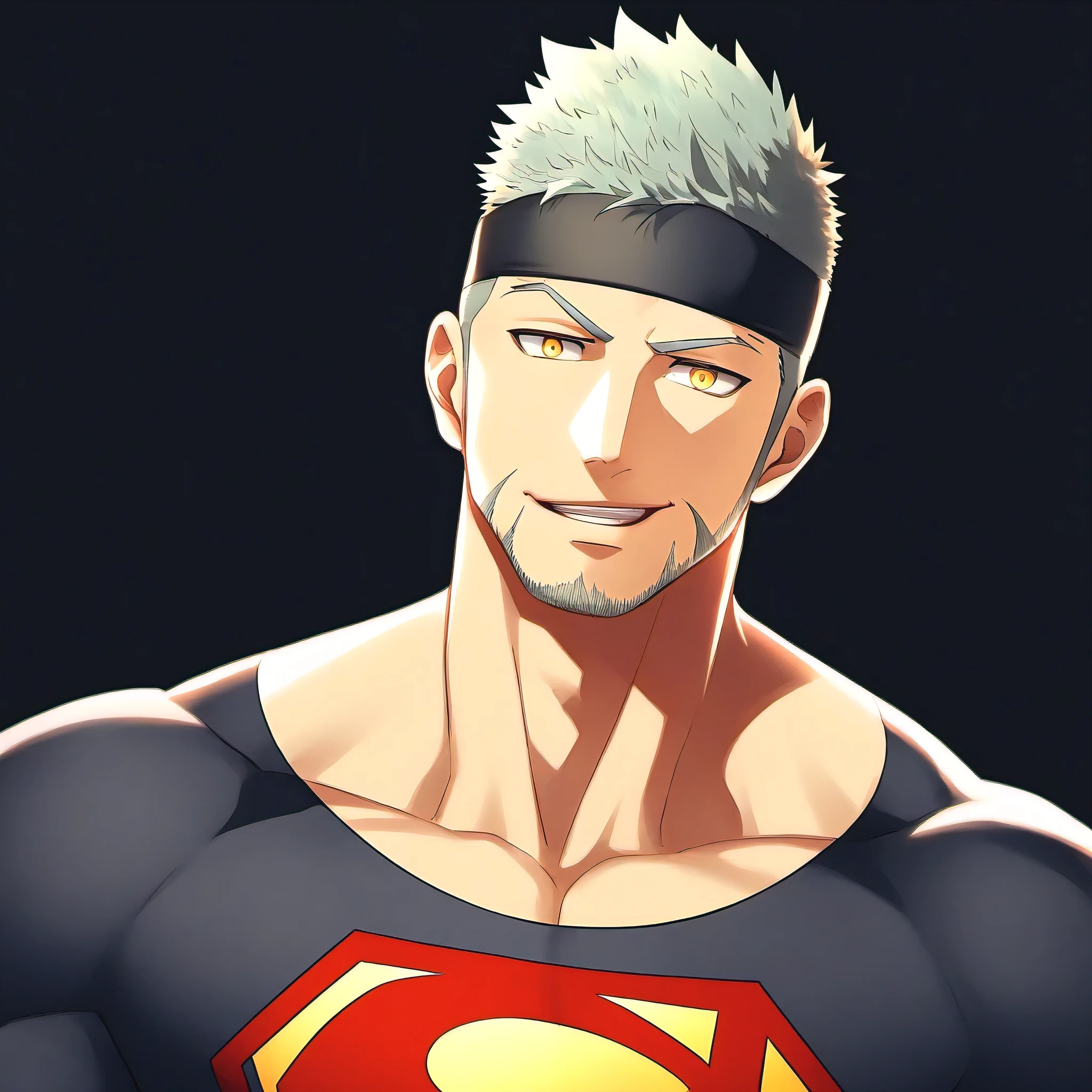 anime characters：Guy, priapus, 1 young muscular man, male focus, Sporty black headband, turtleneck superman tight t-shirt, superman logo, muscular male, muscular, only, Upper body, alone, white short hair, stubble, yellow eyes, blink, black background, Simple background, amazing quality, best aesthetics, ridiculous, bright pupils, short hair, naughty face, torogao, open lips, best quality