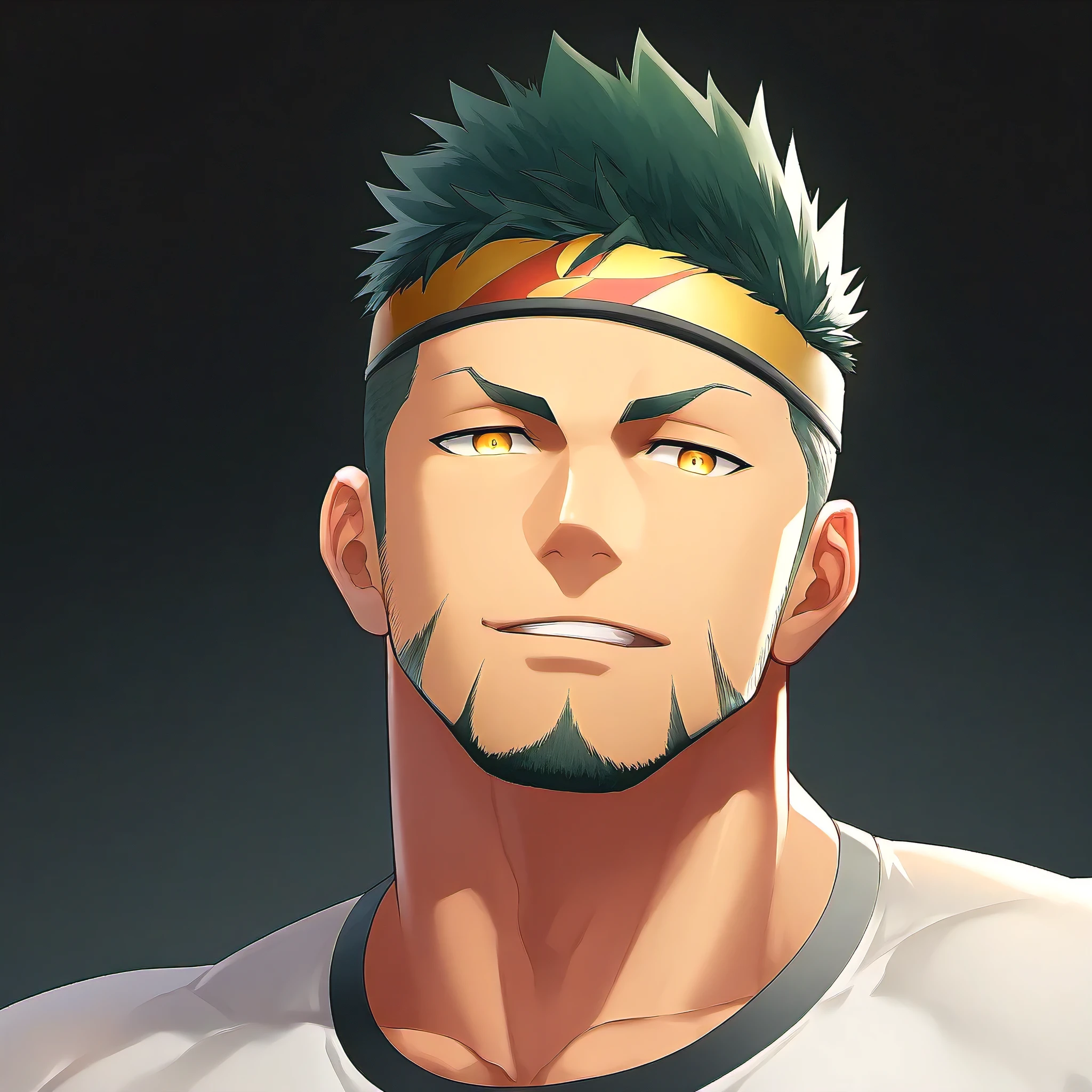 anime characters:Guy, priapus, ung muscular man, male focus, Sporty black headband, turtleneck superman tight t-shirt, superman logo, muscular male, muscular, only, Upper body, alone, white short hair, stubble, yellow eyes, blink, black background, Simple background, amazing quality, best aesthetics, ridiculous, bright pupils, short hair, naughty face, torogao, open lips, best quality