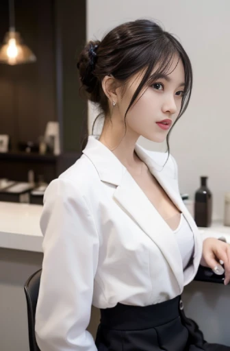 best quality, detailed, beautiful, insanely detailed, absurdres,perfect ,
Japanese woman,black hair,27 years old,
(slender),
(small breasts),
delightful, sitting, cross-legged, looking at viewer, half updo, (white business suit, white skirt:1.1), piercing, with a chair, (leaning on the bar counter:1.0), full body shot, (front view:1.0), from below, wide shot,warm lighting