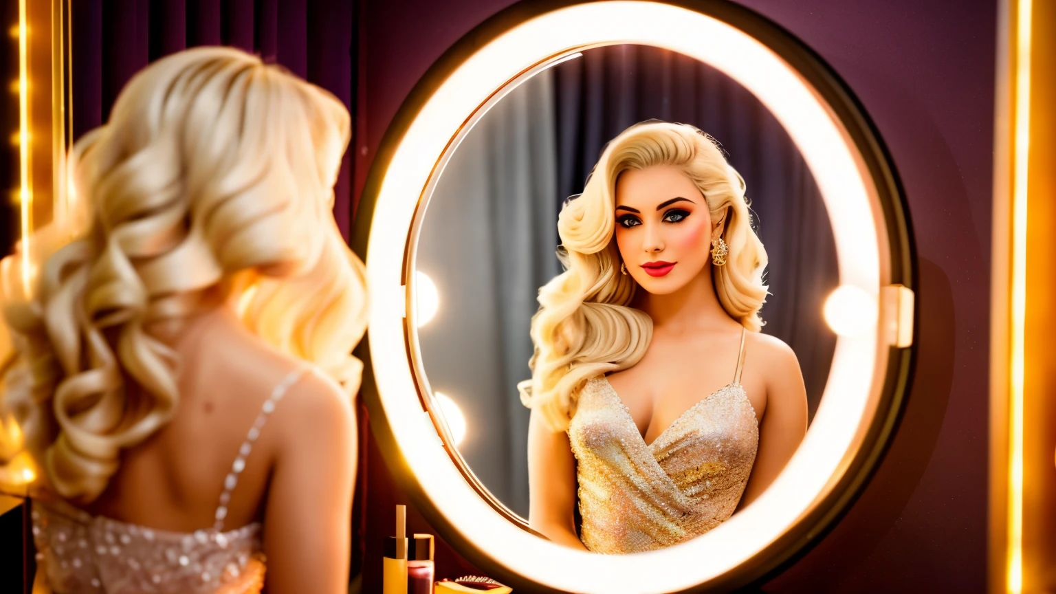 A stunning diva and model stands in front of a makeup mirror surrounded by bright lights, getting ready to take the stage. With glamorous pin-up makeup and soft, flowing waves reminiscent of classic finger waves, her blonde hair complements her radiant face. Her glittering dress sparkles with every flash of light as she strikes a pose worthy of an influencer. The photo, masterfully captured with a DSLR camera and a 50mm f/1.4 lens, highlights every stunning feature of her charming presence in high resolution. This luxurious, award-winning image encapsulates the radiant beauty and timeless elegance of this dazzling woman.