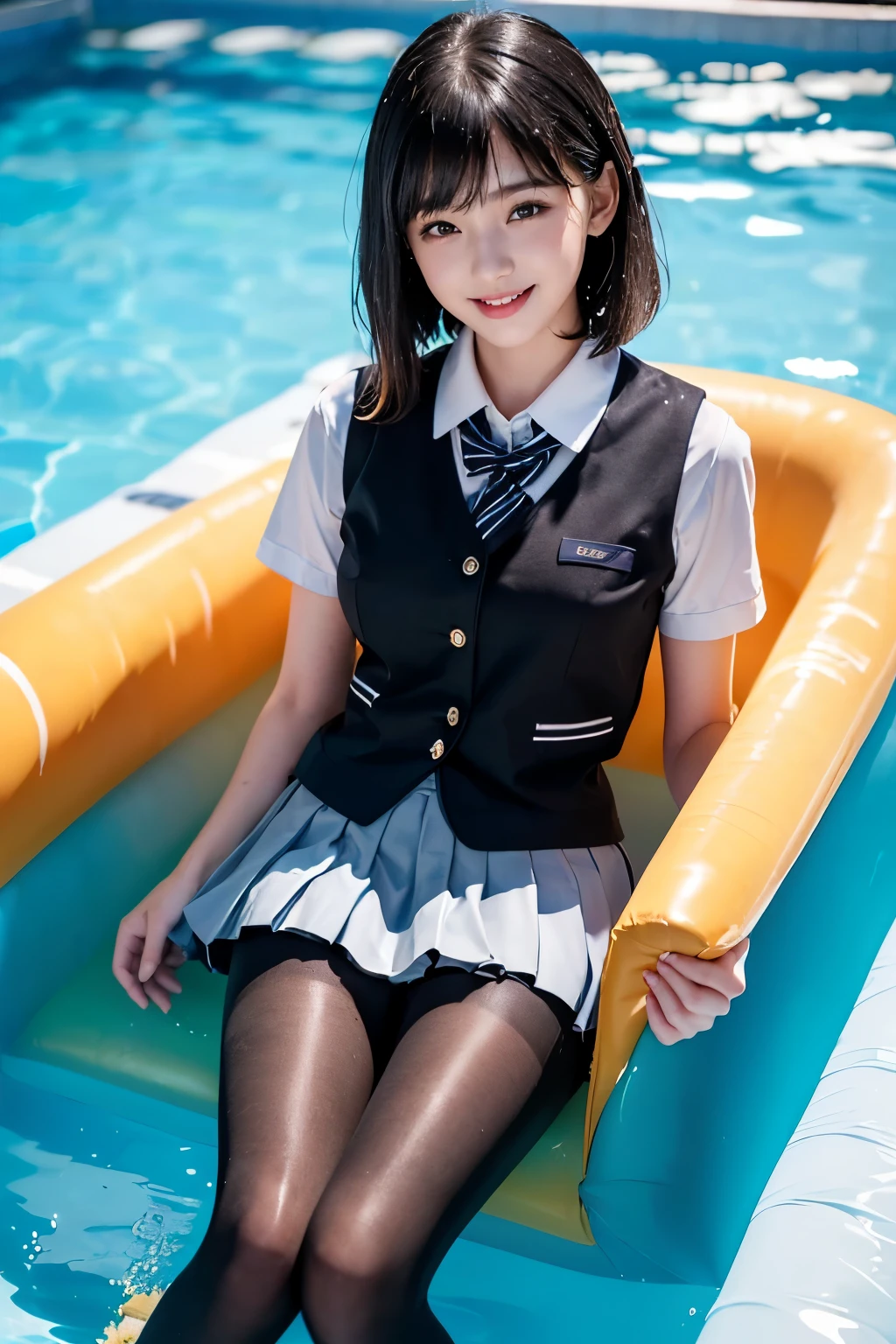 (((Beautiful girl in her school uniform riding a large float floating in the pool)))、(((wet 、wet bob hair、Wet hair、pleated skirt、Black pantyhose)))、smile、( absurdly,high quality , Super detailed)、(See photographer )、water droplets、