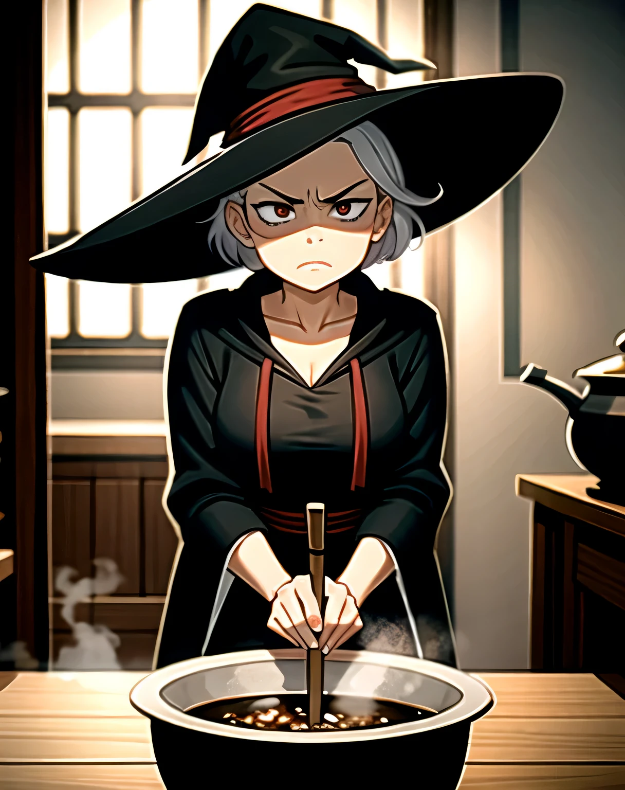((Masterpiece), Best quality, High quality, professional quality, Very detailed, High accuracy, Perfect lighting, Natural lighting), sorceress, Wear robes, Chatter frowned}, Brewing on a cauldron. Bald head, ancient, And ugly face