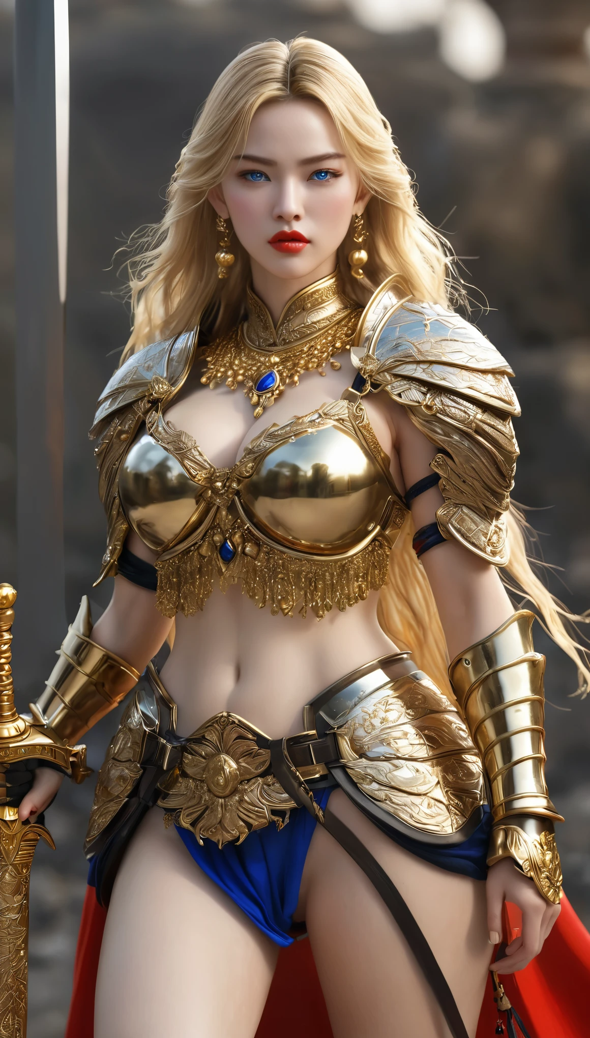 masterpiece,highest quality,higher rank,(womanの変態_woman:1),(naked:1.3), (35歳のWoman warrior:1.3),、big and full breasts big breasts,big breasts ,hyper real,中世ヨーロッパの都市のbattlefieldにいる,No expression,、イギリス人woman、Delicate skin texture to the smallest detail、detailed blue eyes (very big big big)、中年woman、(Fluffy long blonde hair)、Wheat tanned skin、very big big big、Woman warrior、big breastsの谷間、richly decorated gold armor、Long gold boots with flashy decorations、Solid gold and jewelry necklaces and collars、Large gold earrings、bright red lips、wears luxurious gold armor、Golden Long Globe、she has a big and long sword、The sword is decorated with flashy decorations.....、The blade of the sword is jet black、(Woman warrior)、(battlefield)、
