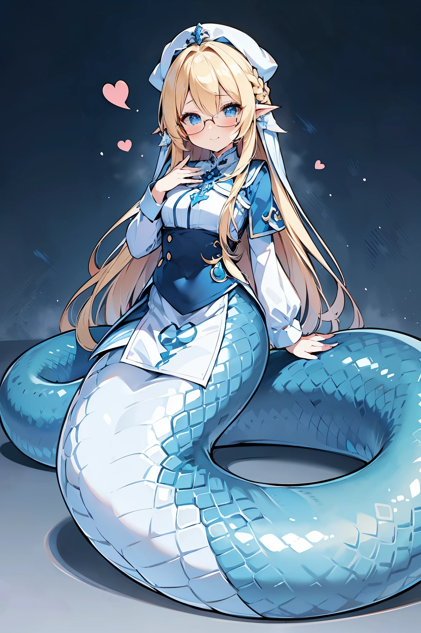 masterpiece, best quality,a girl,Lamia,blue snake tail,Long blonde hair,blue eyes,Glasses,nun,full-body shot,charming脸, Oval face(kawaii, charming,soft)