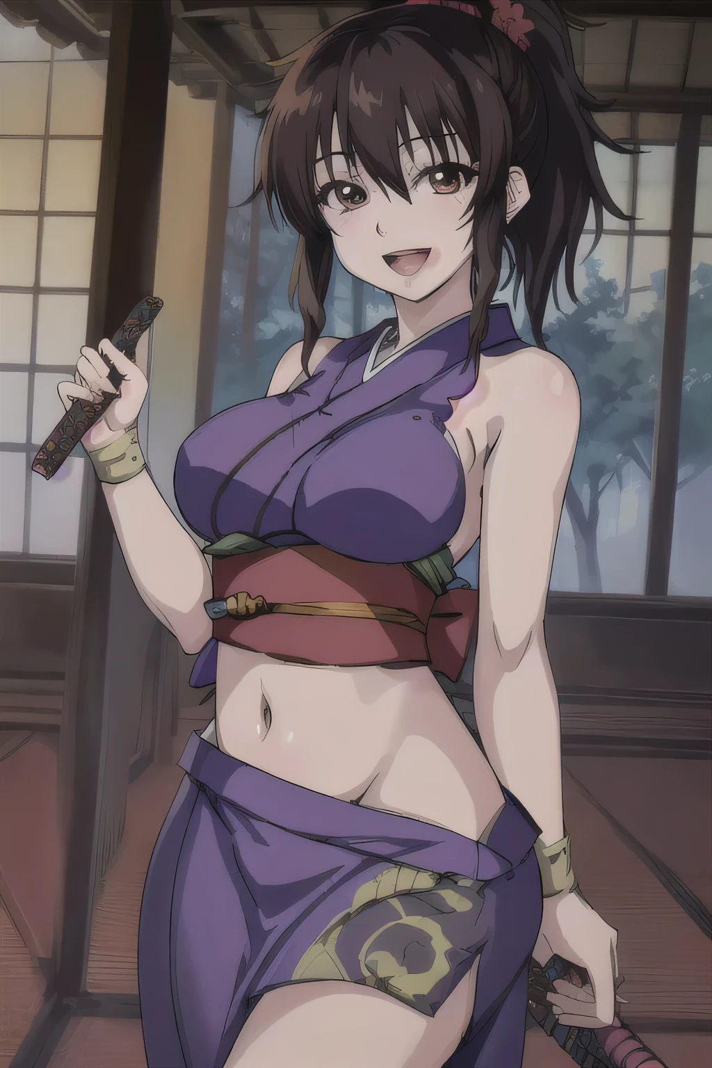 masterpiece,best quality, highres,absurdres, intricate details,highly detailed skin, 1girl, solo, mature female, 
black hair, ponytail, bangs, sidelocks, large breasts, brown eyes, purple top,  ninja, sleeveless, wristband, 
masterpiece, best quality, highly detailed, a anime girls in kimono dress with a sword posing for a
picture, bare shoulder,open kimono, evil smile, open mouth, crop top , (nsfw) not safe for work, smile,
ecchi anime style, anime girls, ecchi style, ecchi, digital anime art!!, in anime style, official artwork, visual
novel cg, beautiful anime girl, anime style 4 k, kimono pencil skirt, exposed belly, exposed navel,
exposed midriff, exposed lower belly, outdoor, japanese architecture, temple