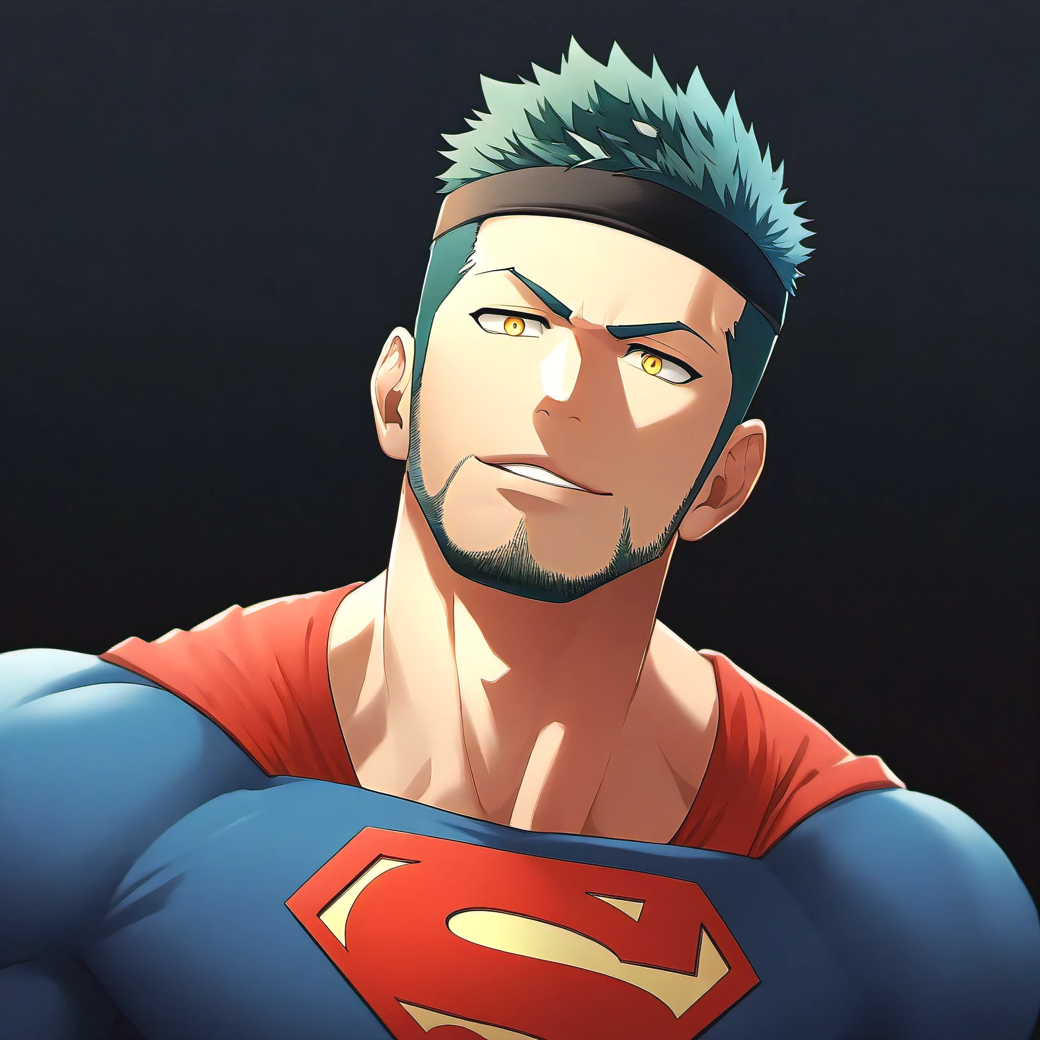 anime characters：Guy, priapus, 1 young muscular man, male focus, Sporty black headband, turtleneck superman tight t-shirt, superman logo, muscular male, muscular, only, Upper body, alone, white short hair, stubble, yellow eyes, blink, black background, Simple background, amazing quality, best aesthetics, ridiculous, bright pupils, short hair, naughty face, torogao, open lips, best quality