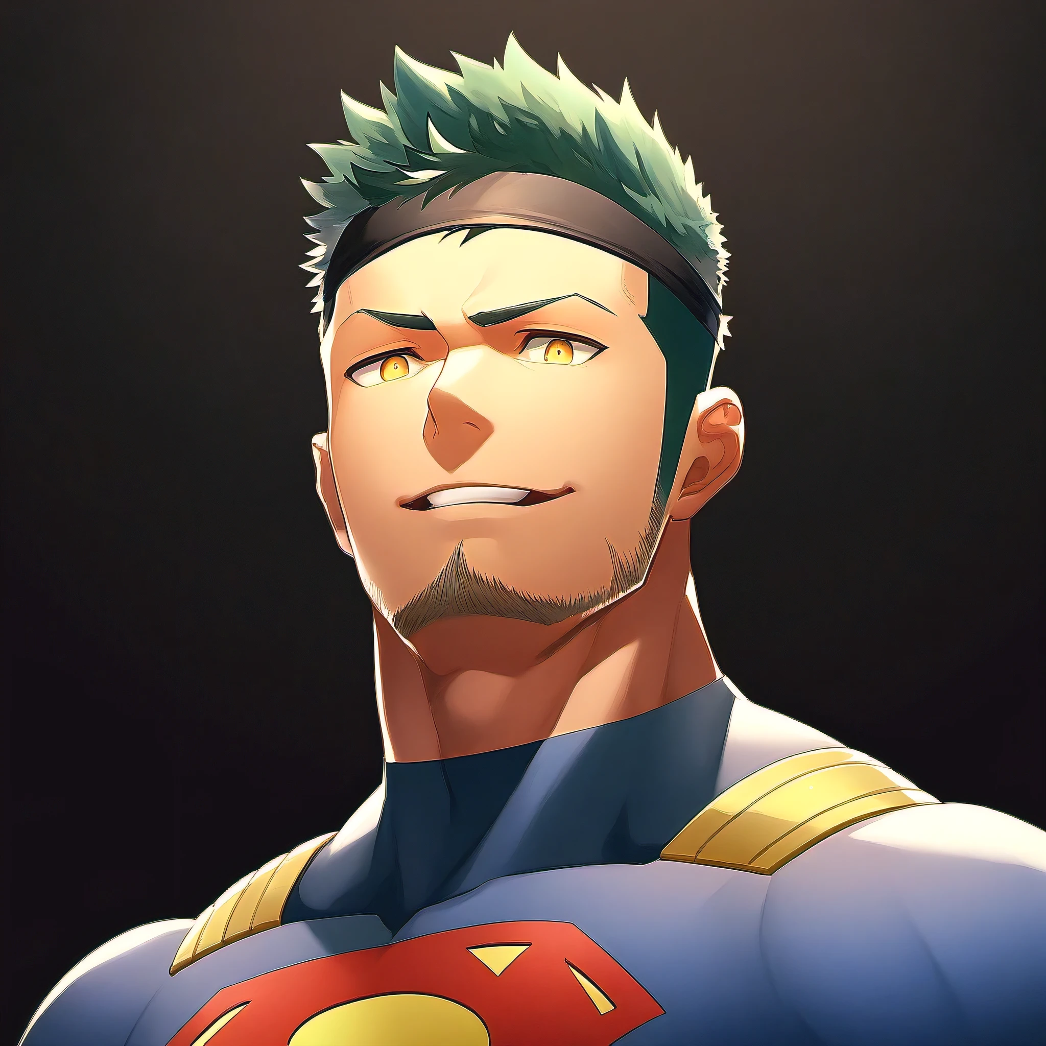 anime characters：Guy, priapus, ung muscular man, male focus, Sporty black headband, turtleneck superman tight t-shirt, superman logo, muscular male, muscular, only, Upper body, alone, white short hair, stubble, yellow eyes, blink, black background, Simple background, amazing quality, best aesthetics, ridiculous, bright pupils, short hair, naughty face, torogao, open lips, best quality