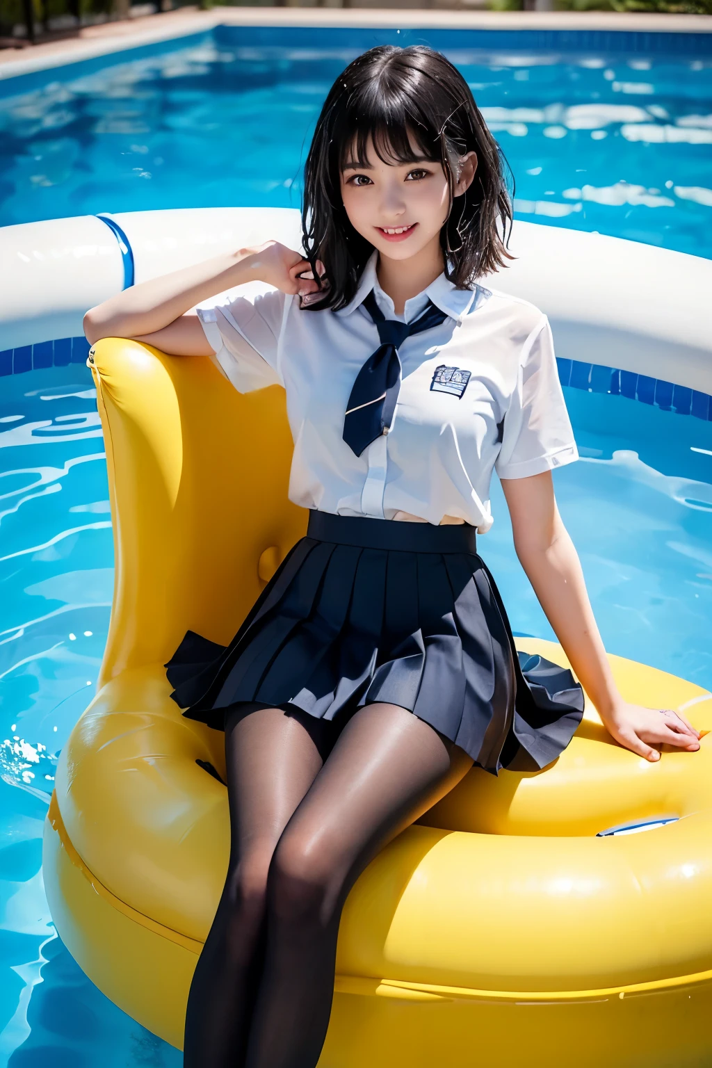 (((Beautiful girl in her school uniform riding a large float floating in the pool)))、(((wet 、wet bob hair、Wet hair、pleated skirt、Black pantyhose)))、smile、( absurdly,high quality , Super detailed)、(See photographer )、water droplets、(((cute pose)))