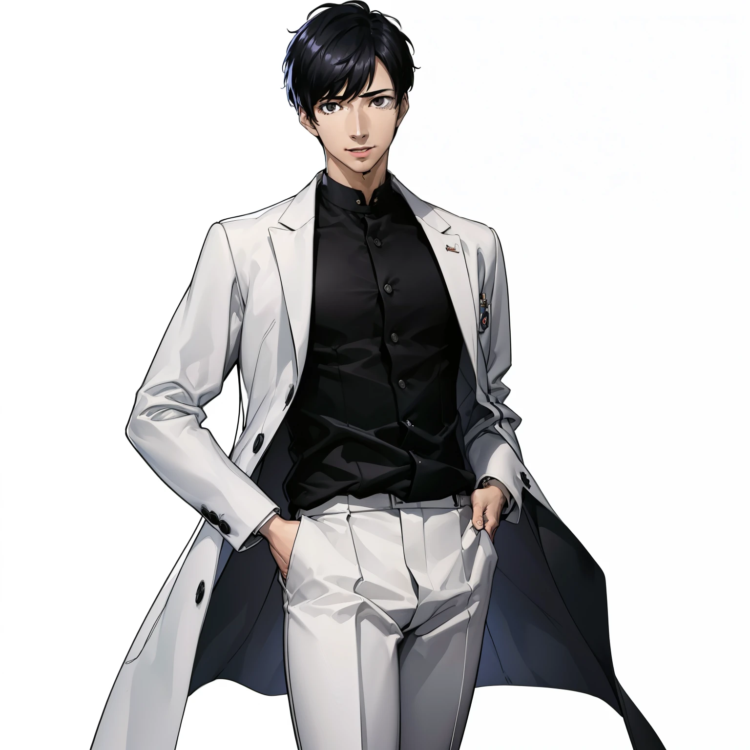 (masterpiece, highest quality:1.2),doctor、white clothes、1 boy、(black hair、parting the bangysterious、laugh foolishly