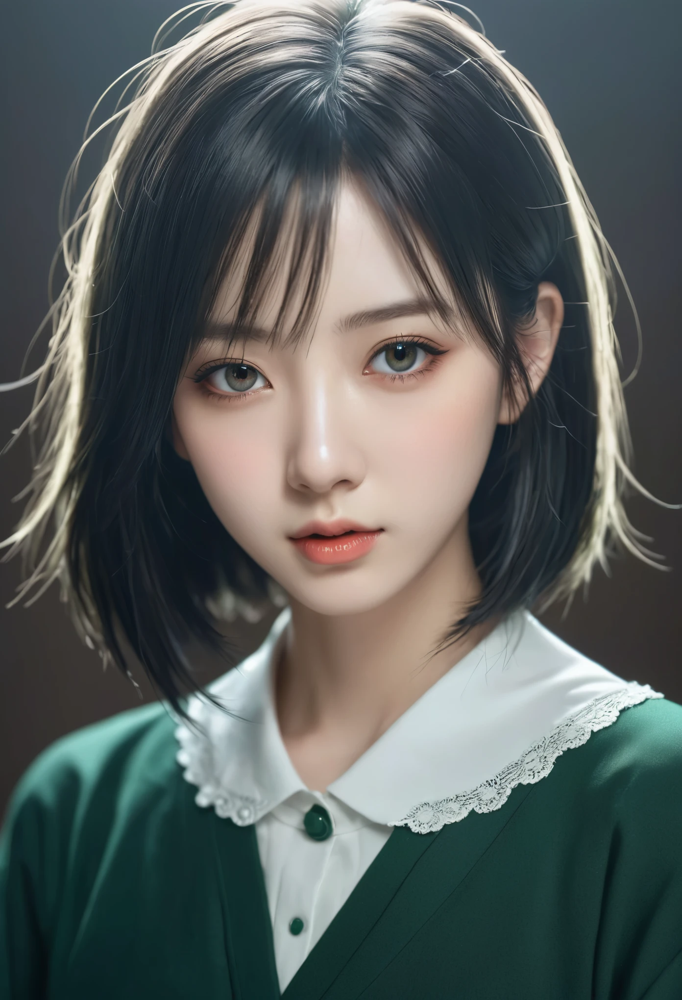 remix girls,Female anime manga characters, In an unforgettable portrait style, dark green and light black, uncanny valley realism, gongbi, barbizon school, shining eyes, multi-layered realism