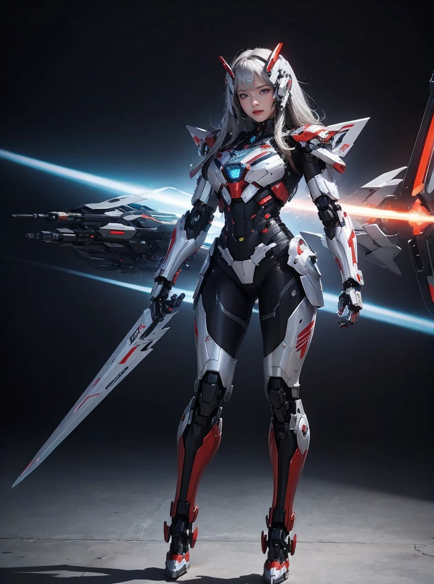 rough skin, Super detailed, advanced details, high quality, better quality, High resolution, 1080p, hard disk, beautiful,(iron patriot),beautifulサイボーグの女性,Mecha cyborg ,battle mode, with mechanical body,She wears a futuristic iron patriot mech,full body shot