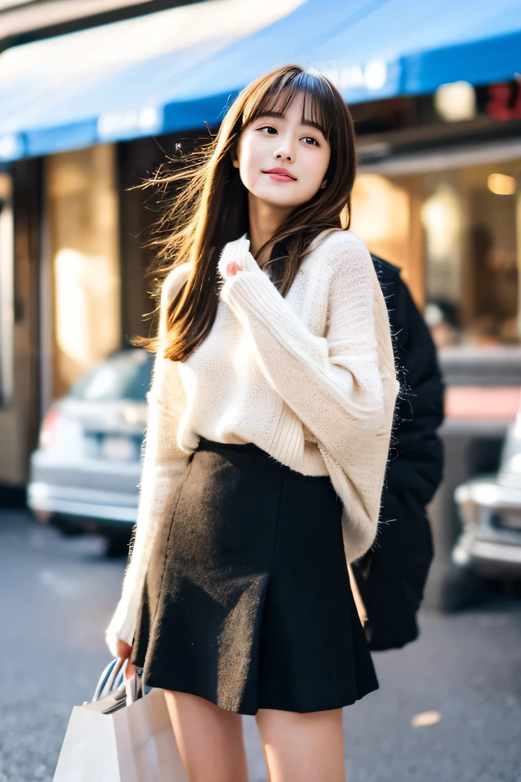 woman in her 20s、Her semi-long hair is blowing in the wind.、light brown hair、White Mohair Sweater、Black Mini Flare Skirt、black short boots、Full body pose in the shopping district