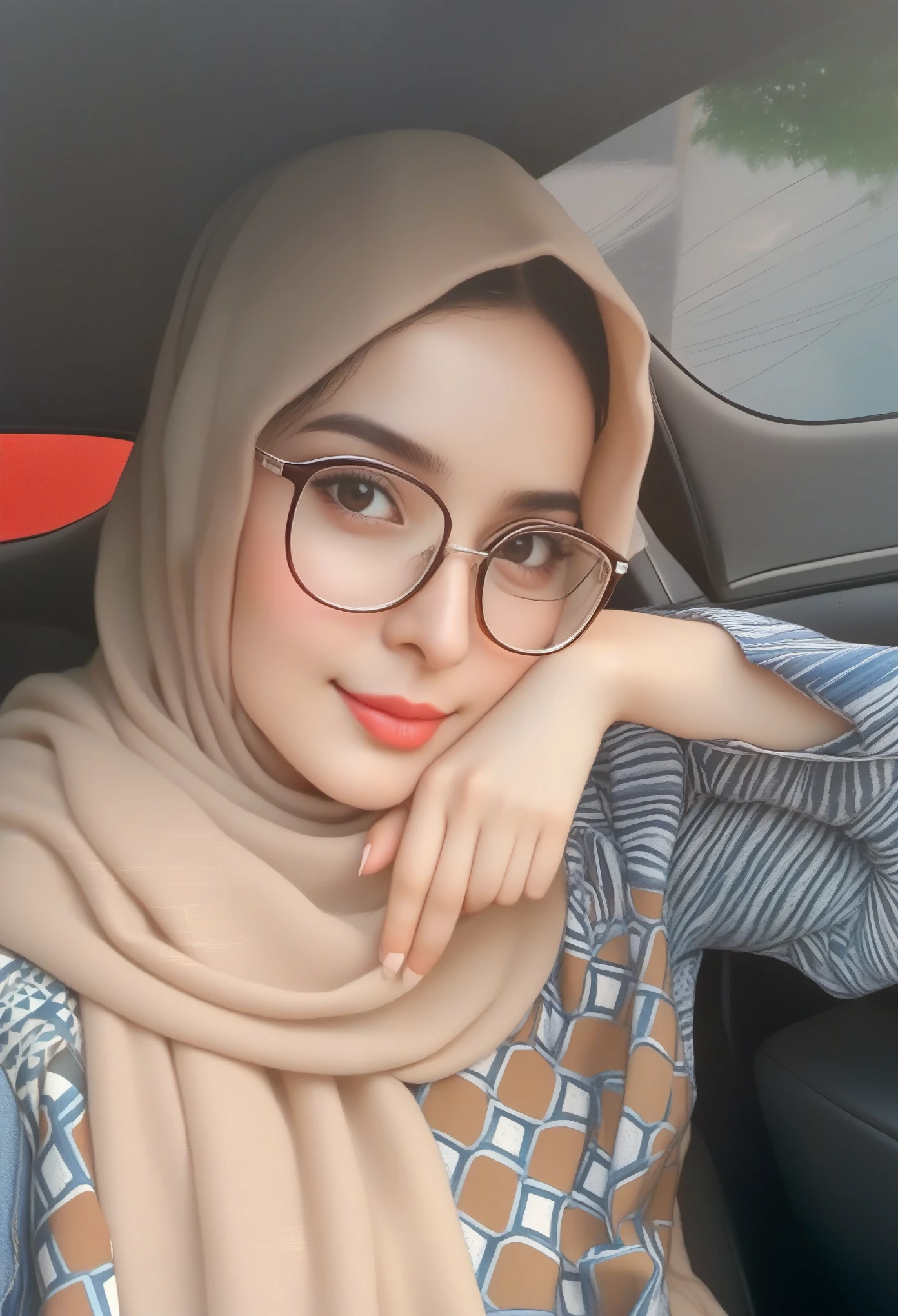 woman wearing glasses and a scarf sitting in a car, with glasses, with square glasses, faridah malik, wearing square glasses, spectacled, !!wearing modern glasses!!, with glasses on, girl with glasses, hijab, wearing glasses, !!wearing glasses!!, semi realism, with accurate face, clear cute face, close up potrait