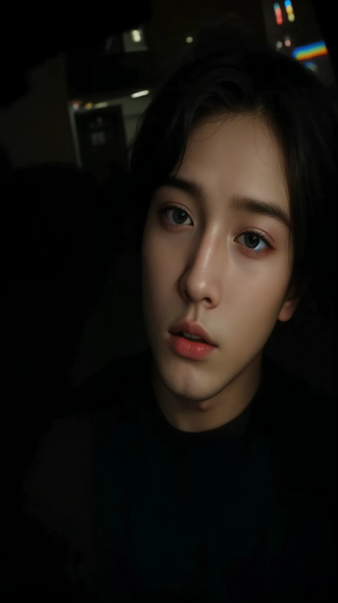 homem arafiado de camisa preta, looking at camera in dark room, Jung Jaehyun, Jinyoung Shin, The eyes are shining, adorable and pale korean face, com olhos brilhantes, 1 de 7 anos, rosto magro, com enormes olhos luminosos e tristes, numerosos olhos vagamente brilhantes, inspirado em jeonseok lee, pintar ulzzang, noite calma. tiro por cima do ombro