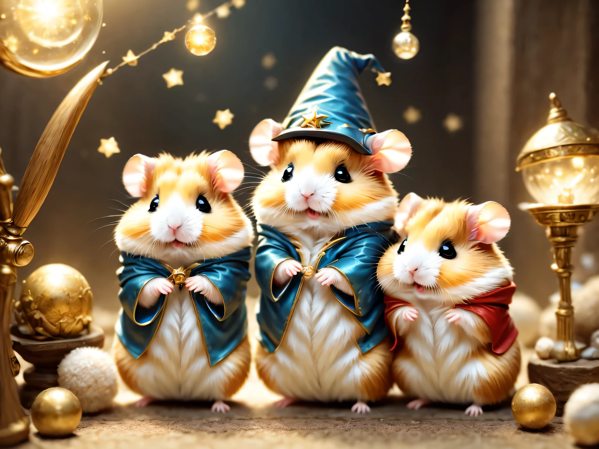 魔法で戦うhamster,(hamsterwizard:wizard&#39;clothes:wizard&#39;cane:wizard&#39;hat of:be familiar with),Use of magic,magic effect,,Optics,colorful,masterpiece,highest quality,Fluffy hamsters,all displayed,Chibi,cute,超fun,fun,anatomically correct,The cutest hamster,,hamster,