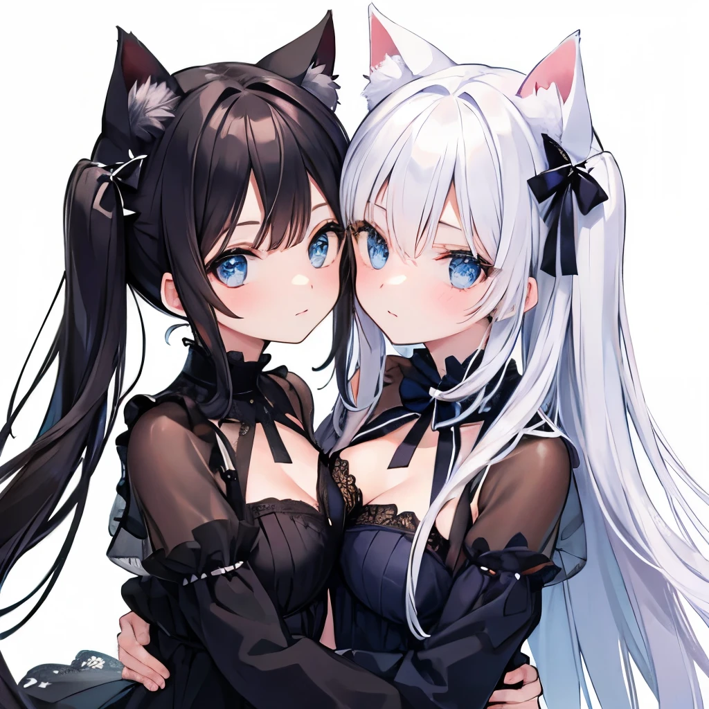 Twins, similar appearance, cat ears, blue eyes, the first one has white hair and white lace clothes, the second one has black hair and black lace clothes, their cheeks are pressed together, they hug each other, close-up of their faces