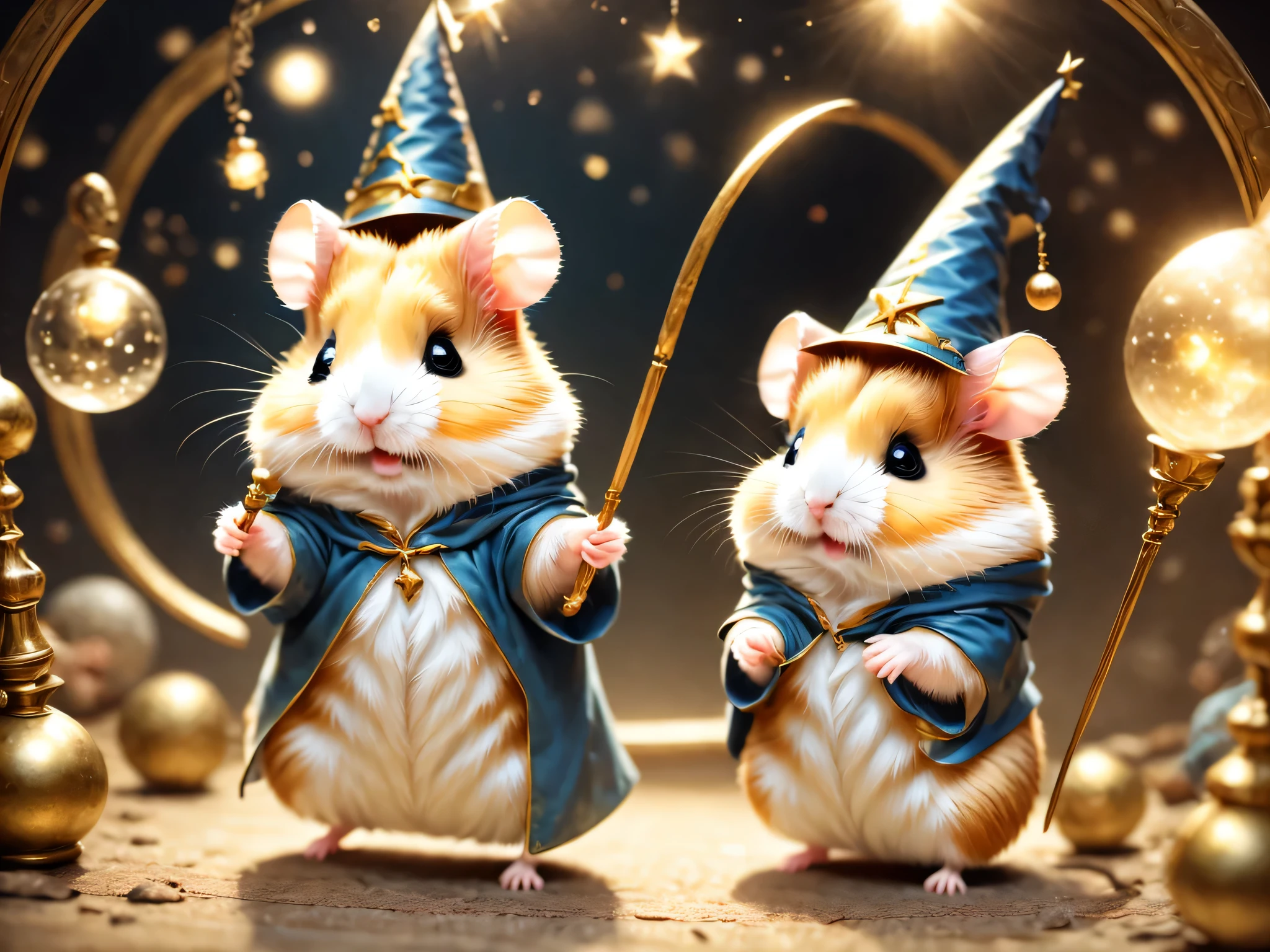 魔法で戦うhamster,(hamsterwizard:wizard&#39;clothes:wizard&#39;cane:wizard&#39;hat of:be familiar with),Use of magic,magic effect,,Optics,colorful,masterpiece,highest quality,Fluffy hamsters,all displayed,Chibi,cute,超fun,fun,anatomically correct,The cutest hamster,,hamster,