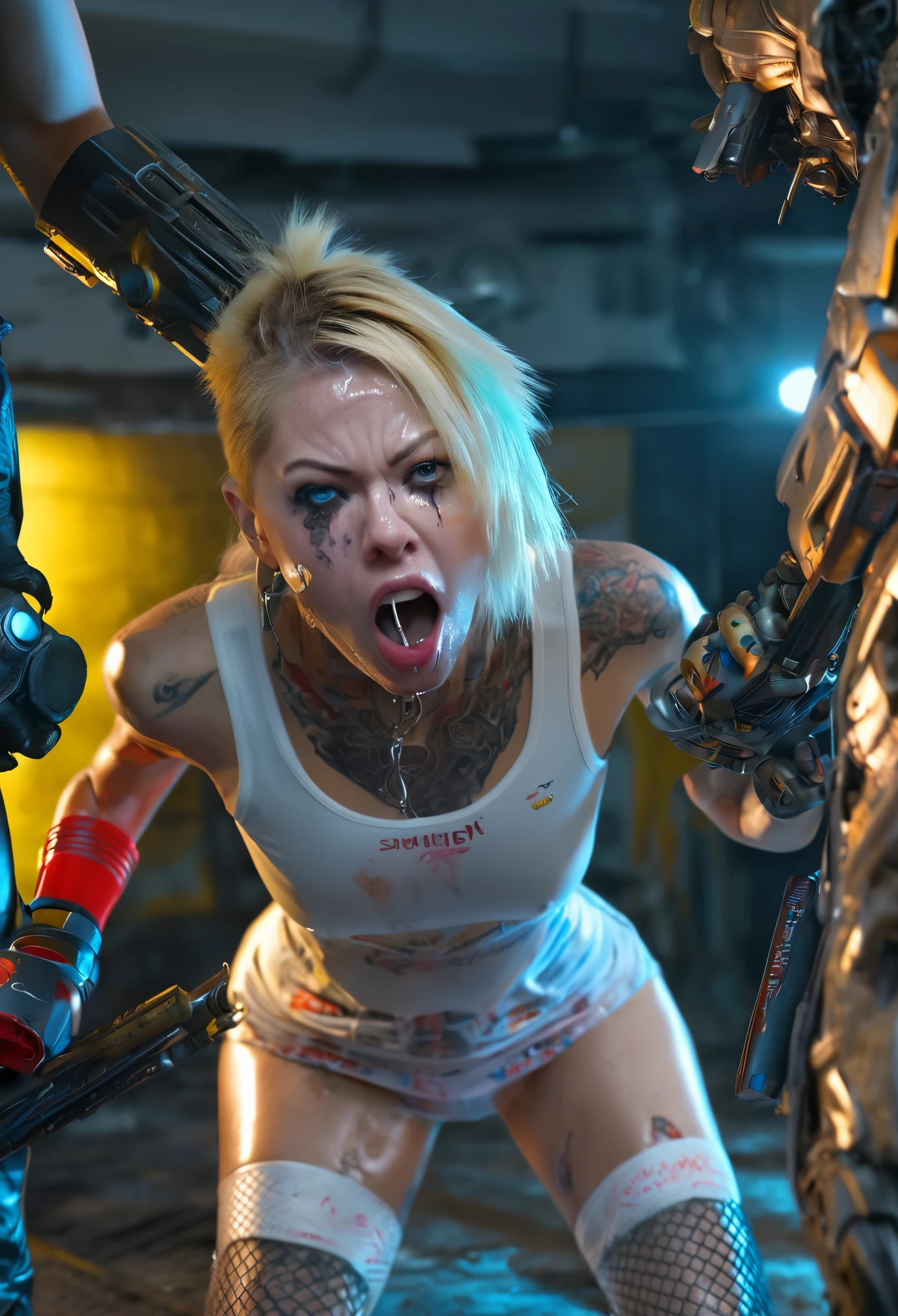 (best quality,4k,8k,highres,masterpiece:1.2),ultra-detailed,(realistic,photorealistic,photo-realistic:1.37),HDR,UHD,studio lighting,extreme detail description,professional,vivid colors,bokeh,portraits (A sexy battered, damaged, very mechanical cyborg woman yells in fear and pain while in a fighting stance), (subject 2: a gang of age thugs armed with spiked baseball bats has her cornered, like a pack of killers they are closing in on the cyborg)