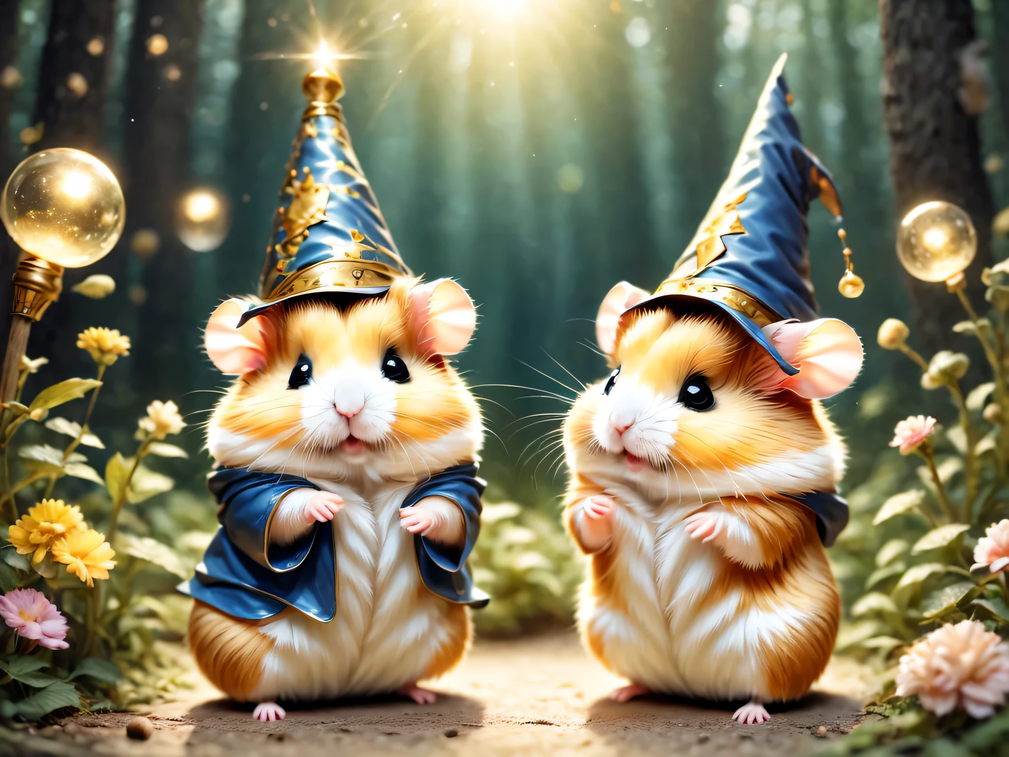 魔法で戦うhamster,(hamsterwizard:wizard&#39;clothes:wizard&#39;cane:wizard&#39;hat of:be familiar with),Use of magic,magic effect,,Optics,colorful,masterpiece,highest quality,Fluffy hamsters,all displayed,Chibi,cute,超fun,fun,anatomically correct,The cutest hamster,,hamster,