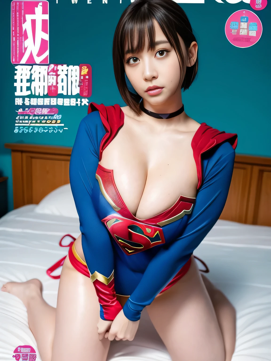 masterpiece、supergirl costume、short hair、barefoot、big and full breasts、Bedroom、Kneeling on the bed、sexy pose、athlete、shiny、looking at camera、Seduce、choker、long sleeve、red mini skirt、Weekly magazine cover、Sculpture Magazines、sweaty、radical、