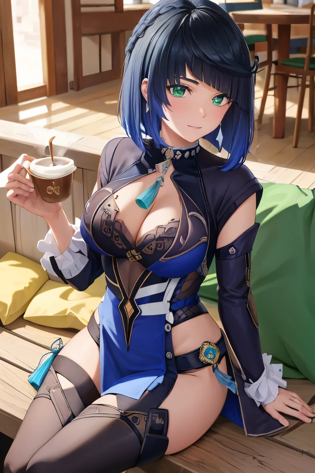 Obra maestra, La mejor calidad, YelanV4, 1girl, solamente, Mirando al espectador, sonrojarse, They are smiling, senos grandes, escote, green sweater with eyes, Legwear negro, Botines, Botas:1.3)), sofa, coffee shop, Sosteniendo la taza, ((manos en la cadera)), pelvis curtain, lunar en el pecho, vision (Impacto de Genshin), Disparo de vaquero