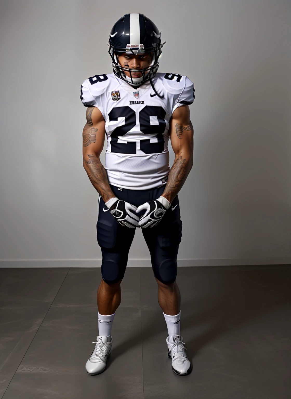 best quality, masterpiece, highly detailed, ultra-detailed, 1 man, american football, clothes in, gray football boots, white jersey, black pants, black helmet, have 2 stripes, 2 stripes on helmet, helmet, white socks, black sink gloves #29, jersey number 29, black a white, muscle, athletic