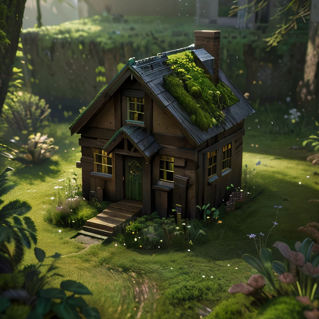masterpiece, best quality, (extremely detailed CG unity 8k wallpaper), (best quality), (best illustration), (best shadow), A small house covered with moss, isometric 3D, octane render,ray tracing,ultra detailed