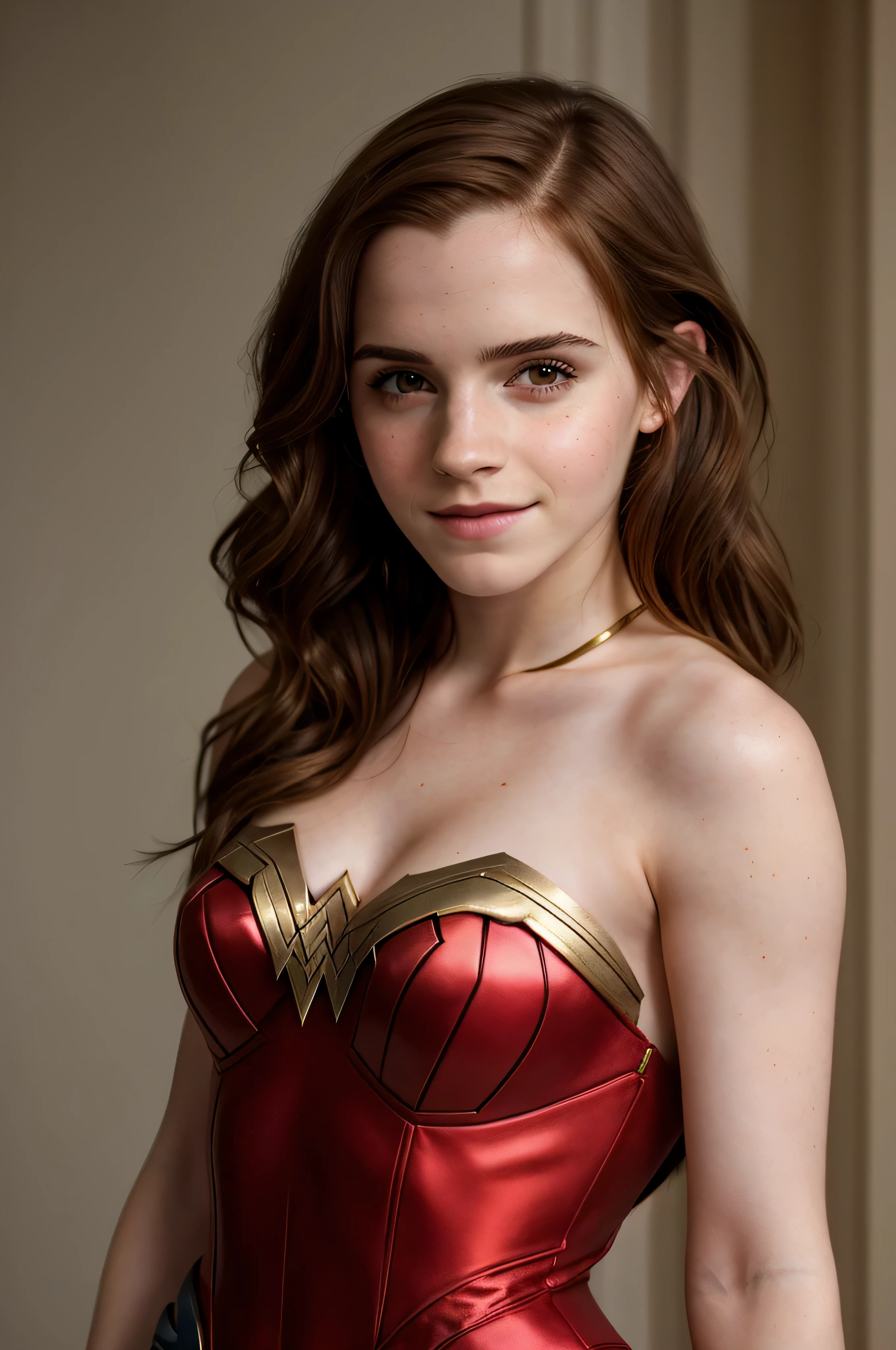 ((high resolution)), ((pale skin)), freckled, Emma Watson, blushing cheeks, wavy hair, smiling, dressed as Wonder Woman