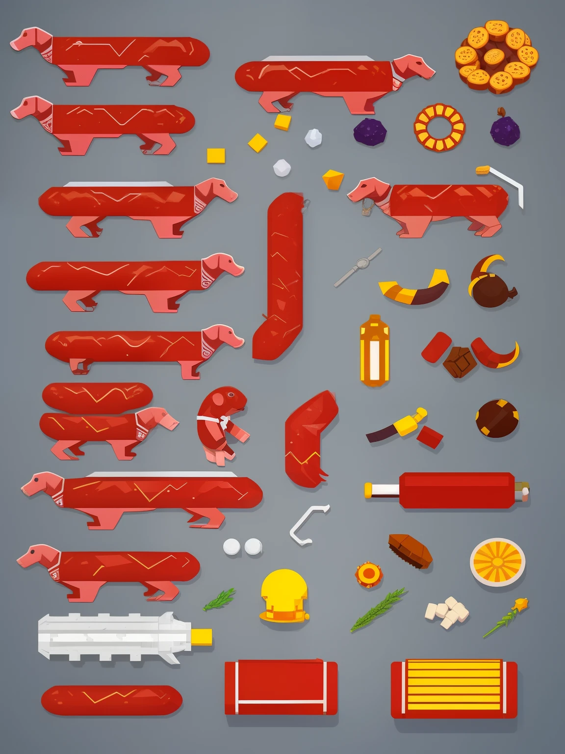 a close up of a bunch of different types of salsichas, 2 d ativos do jogo, 2D isometric game art, Recurso de jogo 2D, arte detalhada do jogo, PSD Spritesheet, Pacote de ativos de design de jogos, salsicha, isometric game feature, ativos do jogo, cachorros quentes, salsichas, Folha de ativos de sprites 2 d, recurso de jogo para celular, arte de jogos para celular