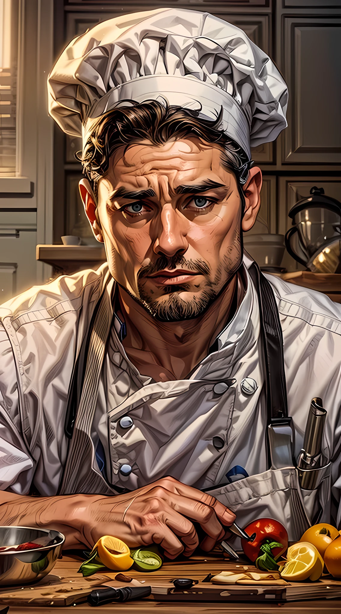 A male chef in a white uniform and top hat sits at a counter with a knife in his hand and various vegetables on the counter.