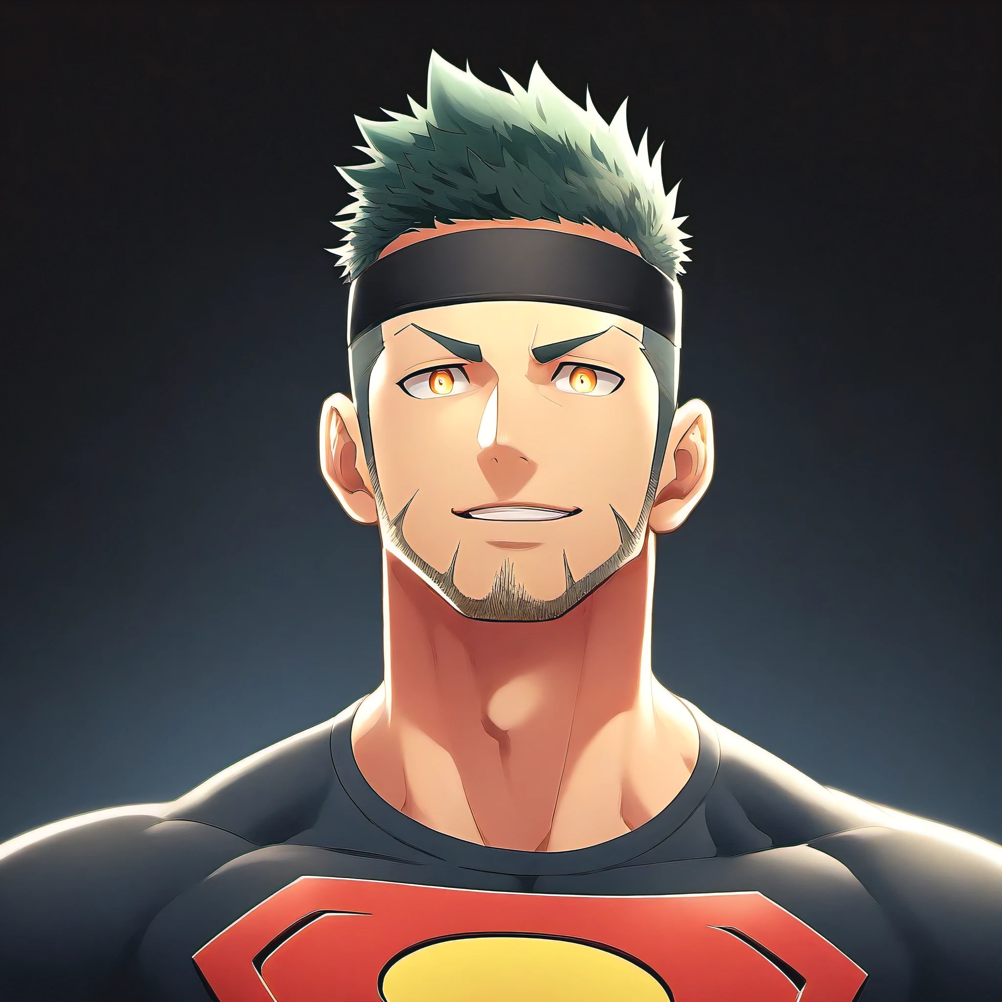 anime characters：Guy, priapus, 1 young muscular man, male focus, Sporty black headband, turtleneck superman tight t-shirt, superman logo, muscular male, muscular, only, Upper body, alone, white short hair, stubble, yellow eyes, blink, black background, Simple background, amazing quality, best aesthetics, ridiculous, bright pupils, short hair, naughty face, torogao, open lips, best quality