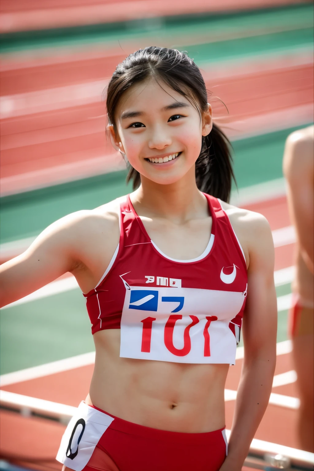 (Beautiful  Japanese female track and field athlete), cute face, (deeply carved face:0.7), (freckles:0.6), dramatic lighting, shy, ponytail, (smile), (sparkling eyes), thin, athletics stadium, athlete