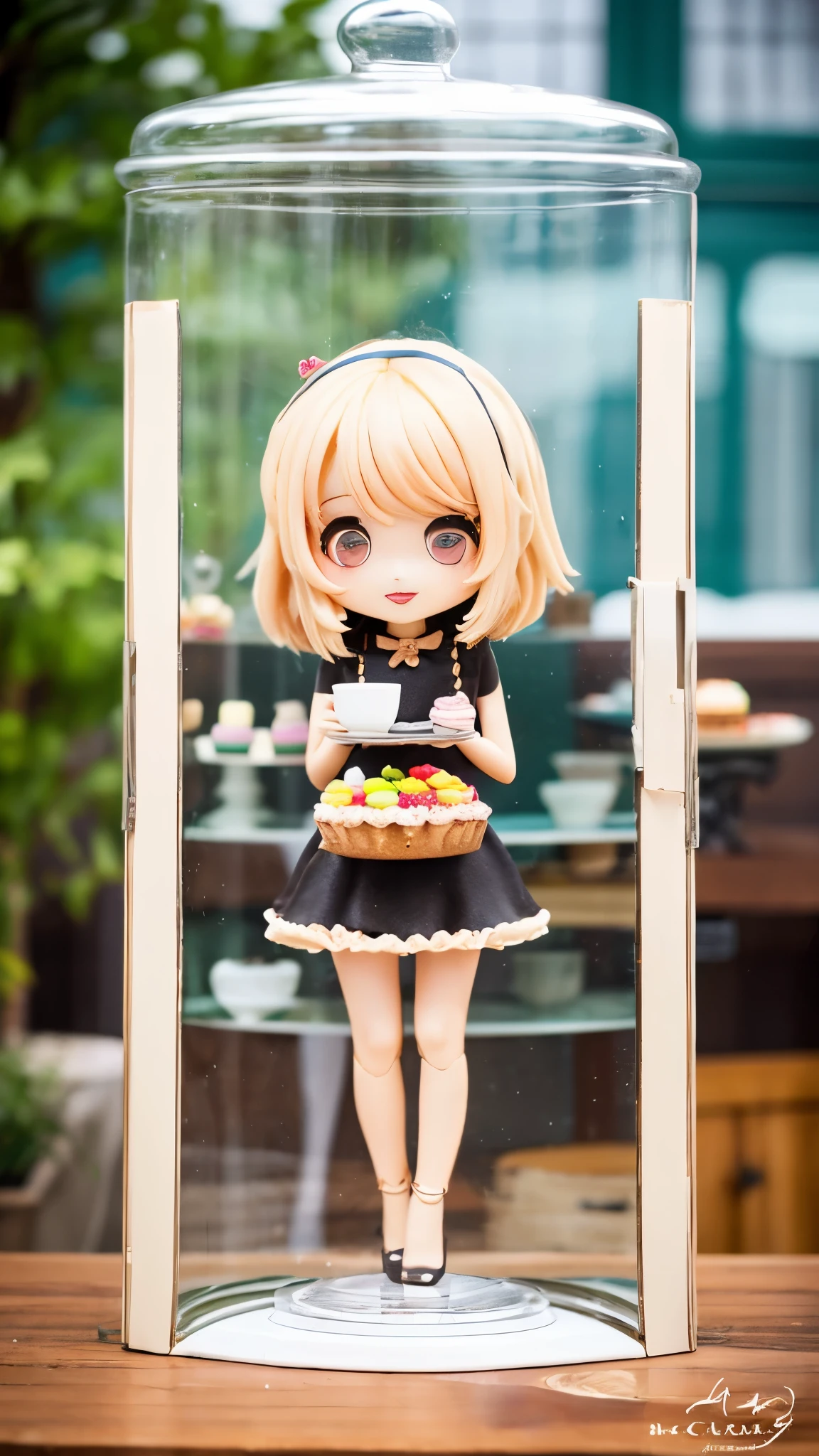masterpiece, very detailed, (Chibi:1.3), , (1 girl), blonde hair, pastel colour, cozy atmosphere, dessert showcase, Macaron, cupcake, tart, cake, coffee maker, blackboard menu, Natural light, glass jar with candy, Frosted window glass, decorative plate, quirky decoration, sugar sculpture,