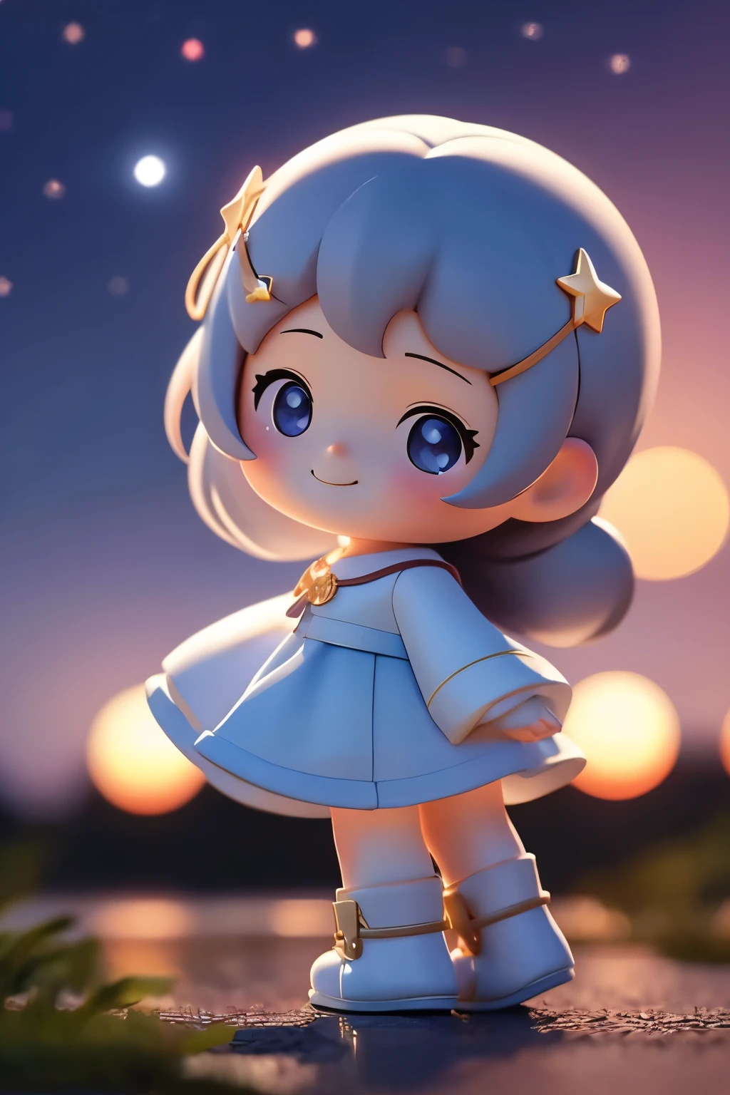 The following scenes will be expressed using chibi girl dolls.(Photoreal、Looking up at the stars in the night sky and pointing、eye up、smile、Take a photo from the side)