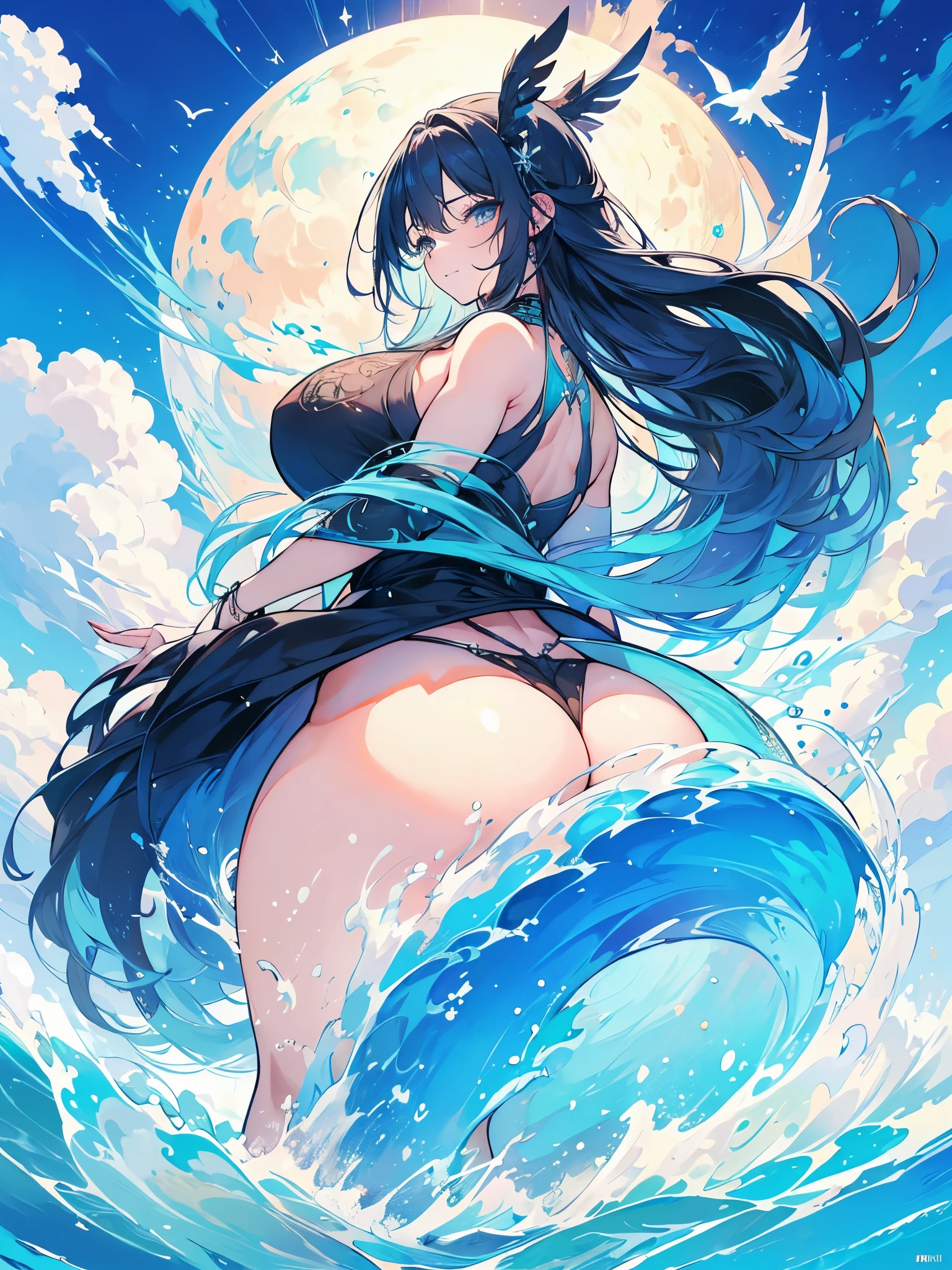 obra de arte, Melhor qualidade, 1 garota, bird, gaivota, Sky, nuvem, polca_ponto, azul_Sky, Sozinho, nuvemy_Sky, erro, borboleta, dia, corar, rebanho, ao ar livre, Abigail, (((big ass and thick muscle coxas)))