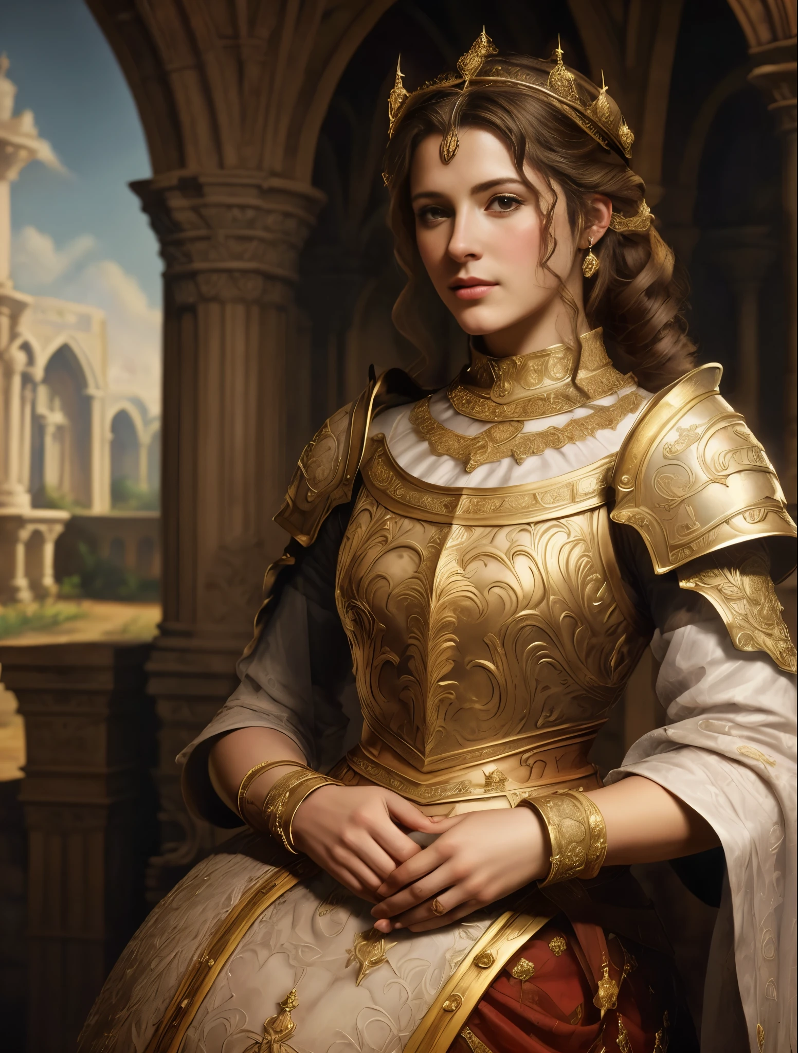 pintura de uma mulher com um vestido vermelho e um capacete dourado, realistic Retrato renascentista, pintura digital renascentista, obra de arte! retrato de arwen, linda pintura de personagem, Retrato renascentista, pintura de retrato de uma princesa, fantasy genre portrait, retrato de princesa, retrato de princesa, retrato medieval, em estilo renascentista, retrato de uma princesa, inspirado em Alexandre Cabanel