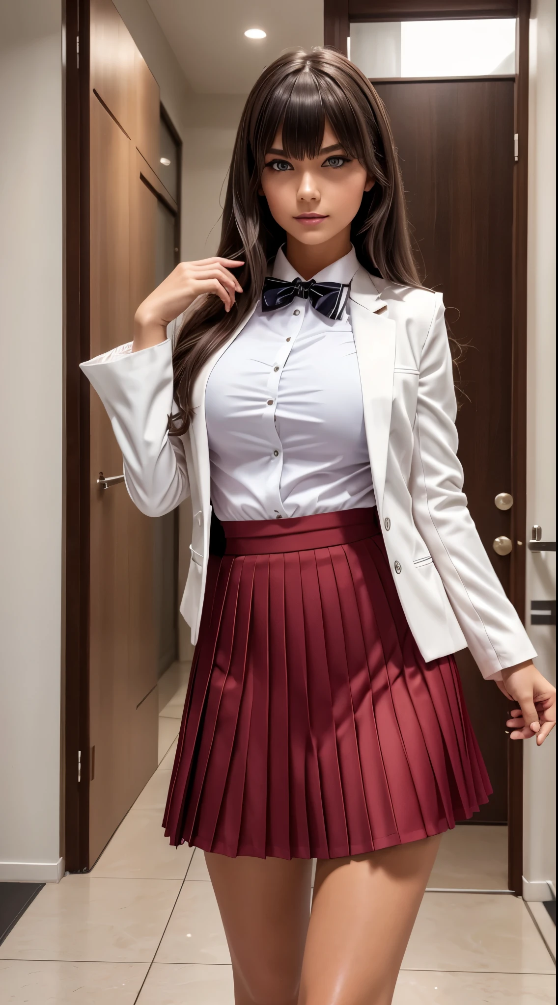 Alex Less, 1girl, solo, long hair, blue eyes, ahoge, bow, looking at viewer, red bow, jacket, bowtie, long sleeves, breasts, shirt, open jacket, red bowtie, door, cowboy shot, collared shirt, indoors, , white hair, standing, open clothes, skirt, bangs, dress, grey jacket, black dress, blush, pleated skirt, parted lips, medium breasts, pleated dress, white shirt, hair between eyes, white jacket, hand up, blazer, black skirt, thighs, open door, hallway