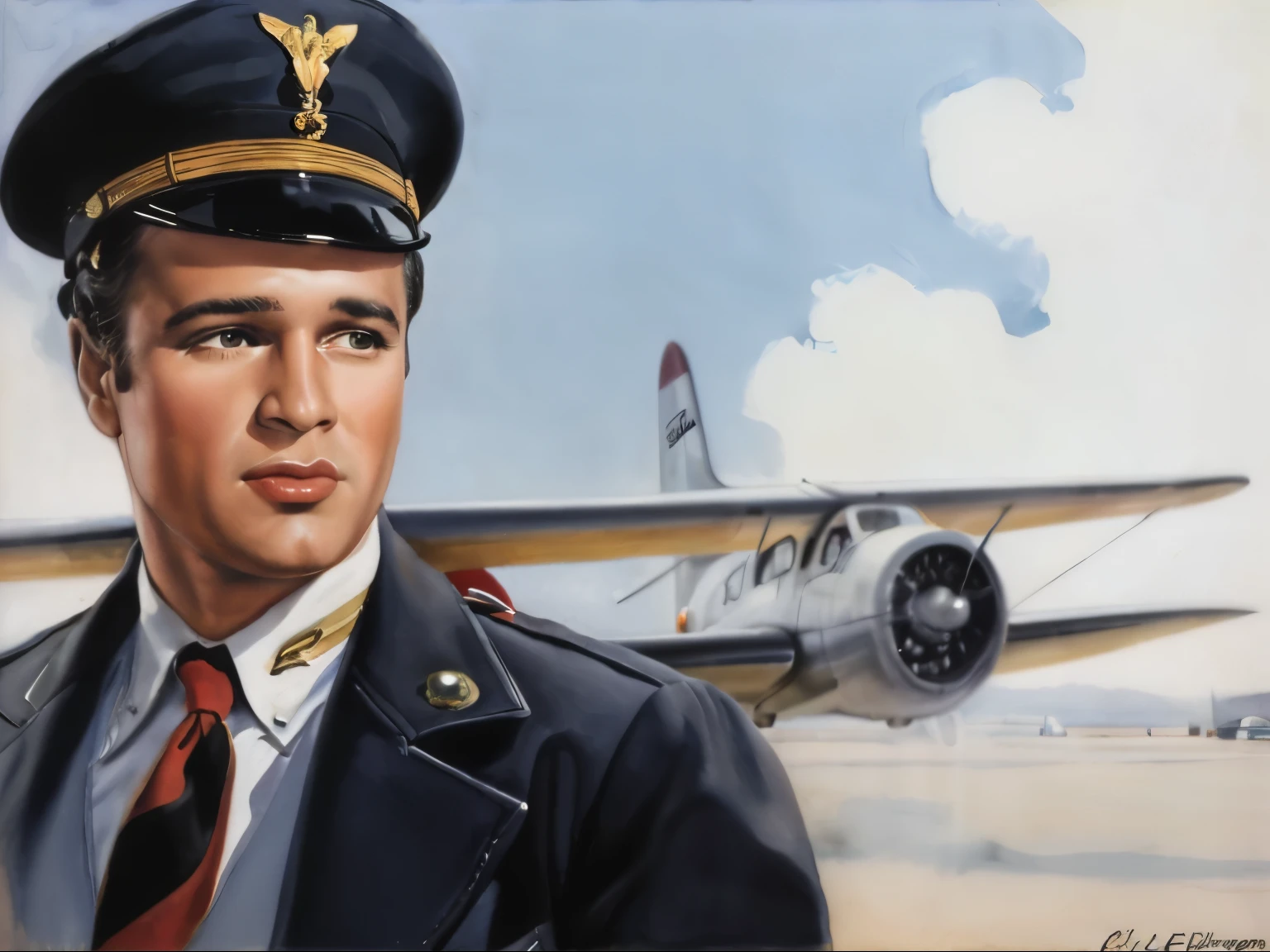 Painting by Gil Elvgren depicting vintage watercolor of MARLON BRANDO IN piloto avião dentro  do avião with black hair from the 1940s no aeroporto, in the style of vintage-inspired pin-ups, black, gil elvgren, high contrast shading, naturalistic proportions, use of fabric, large canvases, looking at viewer, uh-oh expression on face, 1940s vintage, no arguments