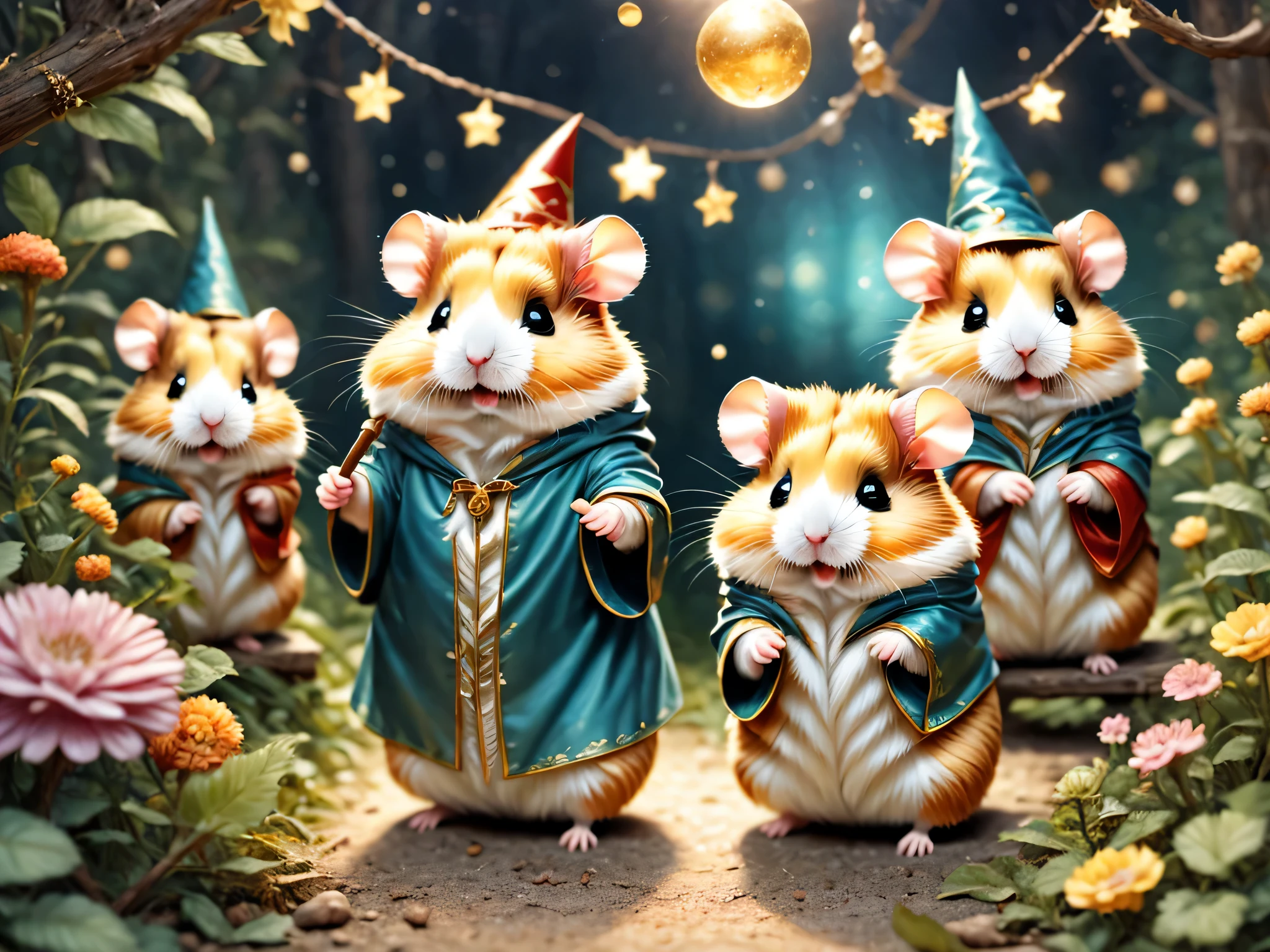 魔法で戦うhamster,(hamsterwizard:wizard&#39;clothes:wizard&#39;cane:wizard&#39;hat of:be familiar with),Use of magic,magic effect,,Optics,colorful,masterpiece,highest quality,Fluffy hamsters,all displayed,Chibi,cute,超fun,fun,anatomically correct,The cutest hamster,,hamster,