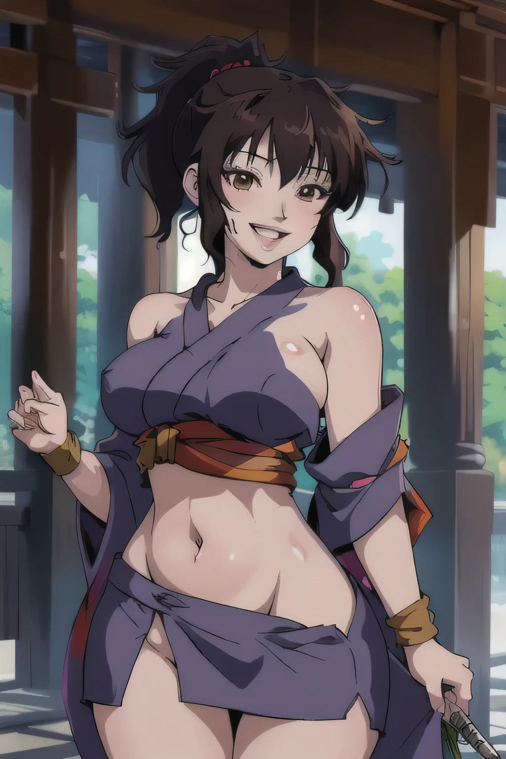 masterpiece,best quality, highres,absurdres, intricate details,highly detailed skin, 1girl, solo, mature female,
black hair, ponytail, bangs, large breasts, brown eyes, wristband,
masterpiece, best quality, highly detailed, a anime girls in kimono dress with a sword posing for a
picture, bare shoulder,open kimono, evil smile, open mouth, crop top , (nsfw) not safe for work, smile,
ecchi anime style, anime girls, ecchi style, ecchi, digital anime art!!, in anime style, official artwork, visual
novel cg, beautiful anime girl, anime style 4 k, kimono pencil skirt, exposed belly, exposed navel,
exposed midriff, exposed lower belly, outdoor, japanese architecture, temple