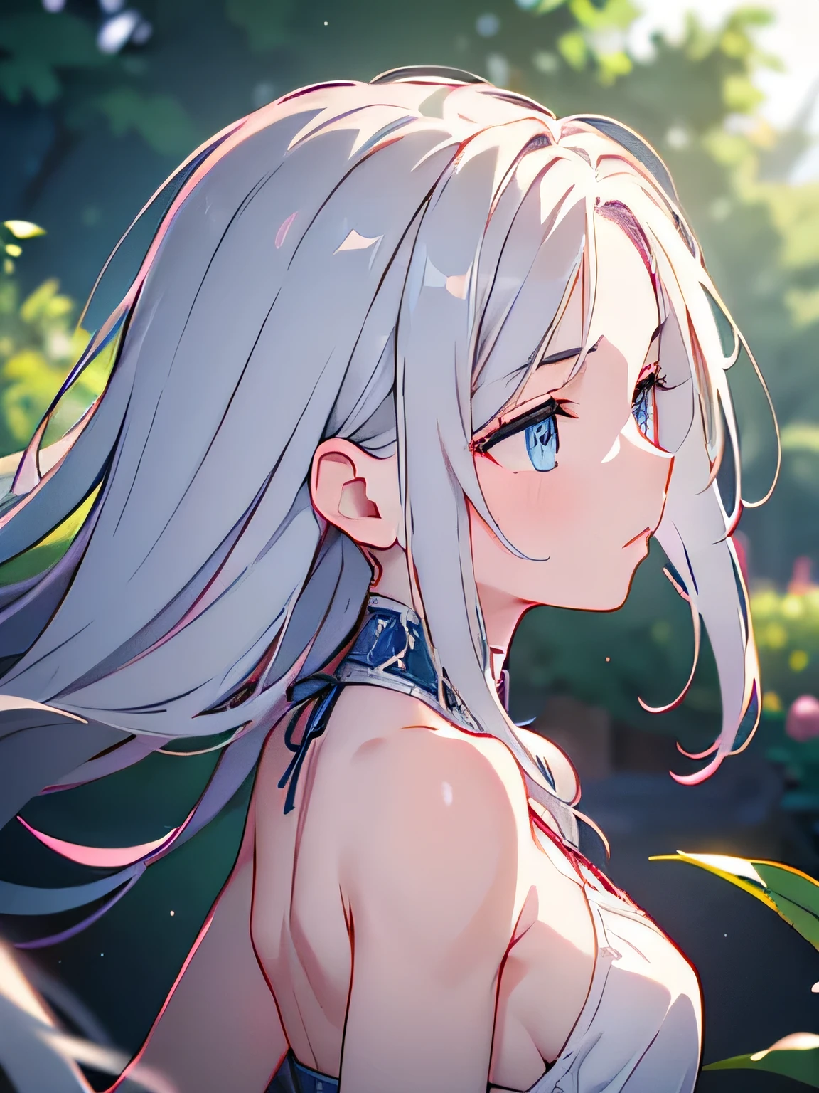 RAW Photography, (((Very Beautiful Portrait))), (Very Beautiful Portrait))), 1 girl, 19 year old girl, long silver hair, deep blue eyes, lost in thought, walking through gardens, ((gentle wind)), wearing loose medieval dress, ((showing back)), ((muscular back)), (((fit, athletic))), (medium size chest), ((looking away)), ((low angle shot)), (((very beautiful))), ((masterpiece, best quality, ultra detail, cinematic lights, intricate detail, highi definition, 8k, very detailed))