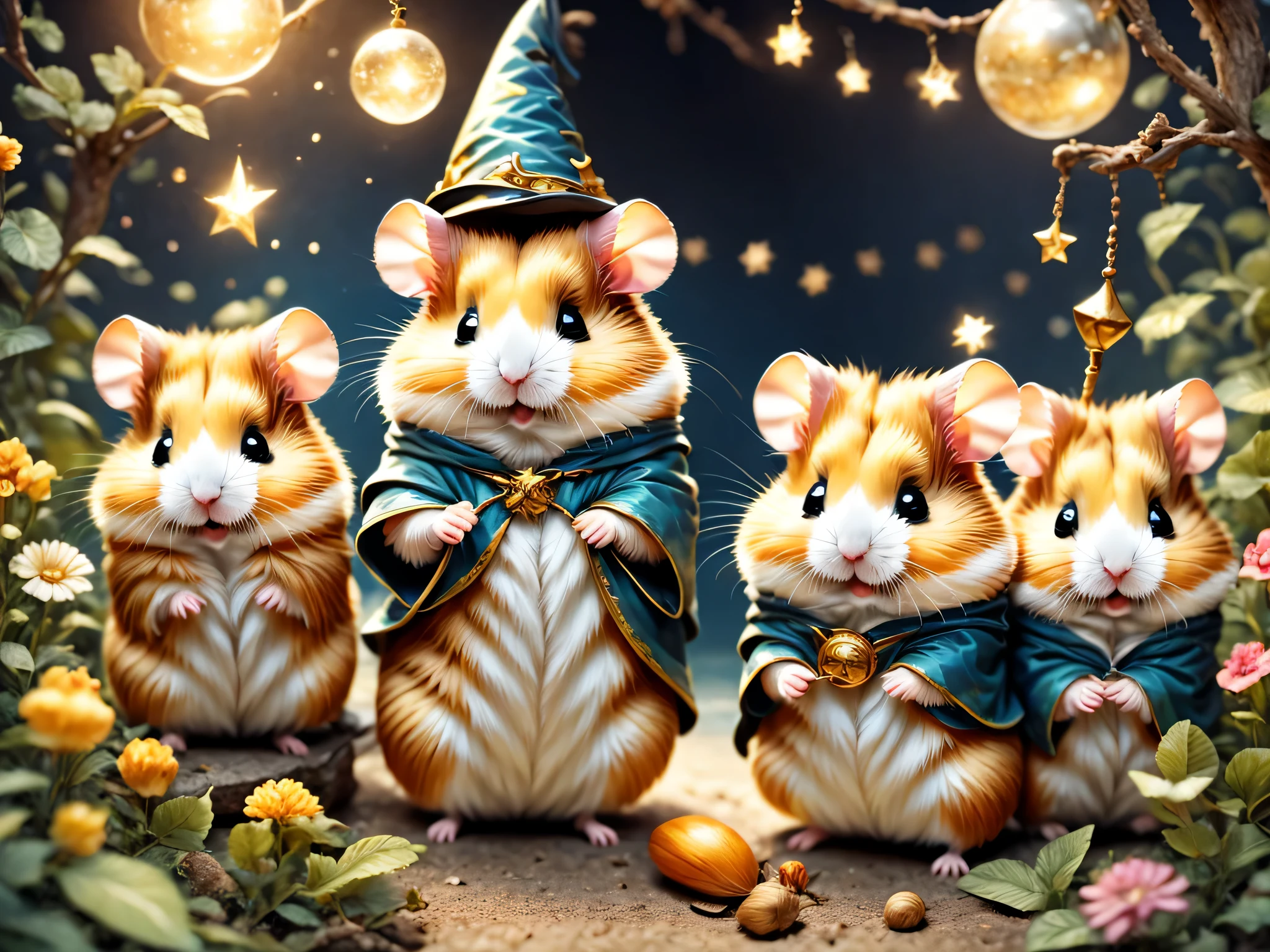 魔法で戦うhamster,(hamsterwizard:wizard&#39;clothes:wizard&#39;cane:wizard&#39;hat of:be familiar with),Use of magic,magic effect,,Optics,colorful,masterpiece,highest quality,Fluffy hamsters,all displayed,Chibi,cute,超fun,fun,anatomically correct,The cutest hamster,,hamster,