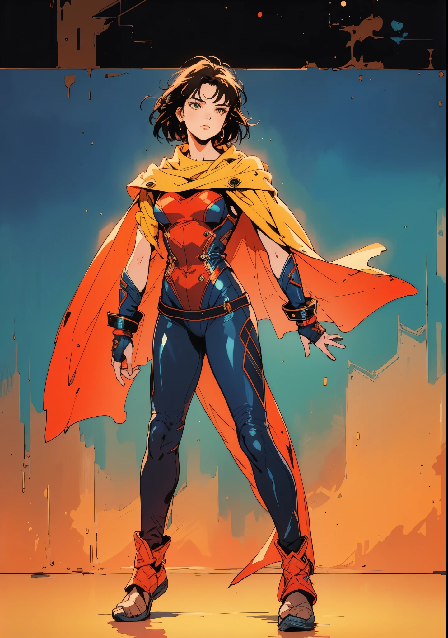 A teenager girl with short brown hair, delicate features, a focused gaze, a determined expression, she has a petite figure akin to a gymnast, adorned with a long flowing cape-like scarf in red and yellow hues, a fantasy-realism-style gymnastics leotard with a long hemline attached, paired with matching leggings, ((black as the main color, complemented by red and yellow accents)), (she poised on a vast stage enveloped in mystery, she emitting a sacred glow in the dim environment), this character embodies a finely crafted fantasy-realism-style dancer in anime style, exquisite and mature manga art style, perfect body, porcelain skin, high definition, best quality, highres, ultra-detailed, ultra-fine painting, extremely delicate, professional, anatomically correct, symmetrical face, extremely detailed eyes and face, high quality eyes, creativity, RAW photo, UHD, 32k, Natural light, cinematic, masterpiece-anatomy-perfect, masterpiece:1.5