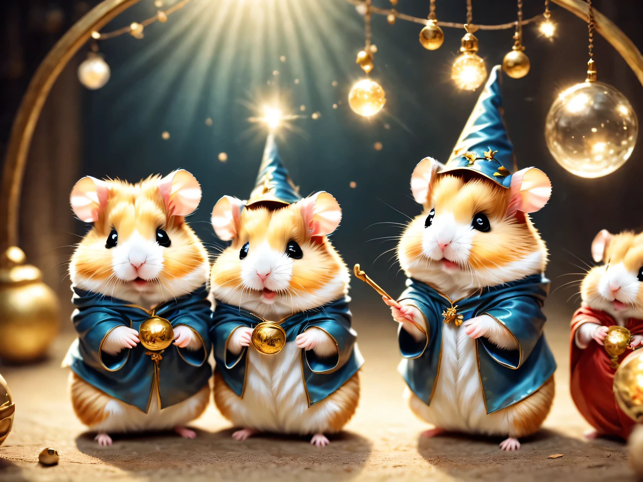 魔法で戦うhamster,(hamsterwizard:wizard&#39;clothes:wizard&#39;cane:wizard&#39;hat of:be familiar with),Use of magic,magic effect,,Optics,colorful,masterpiece,highest quality,Fluffy hamsters,all displayed,Chibi,cute,超fun,fun,anatomically correct,The cutest hamster,,hamster,