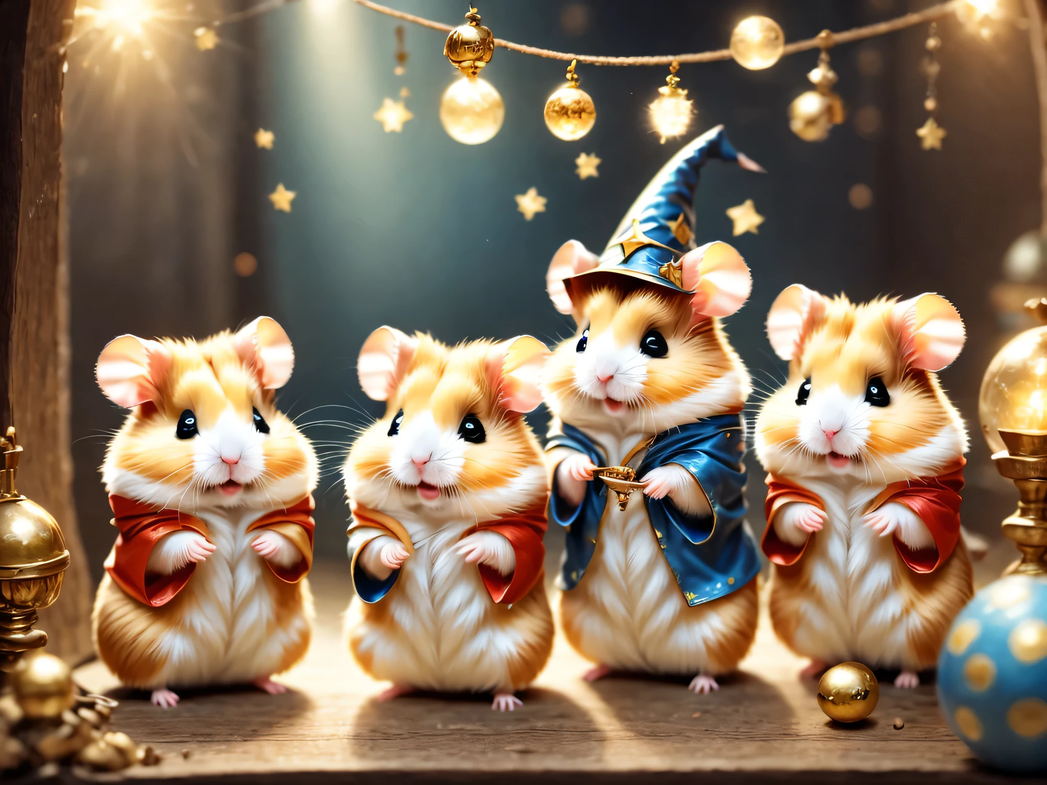 魔法で戦うhamster,(hamsterwizard:wizard&#39;clothes:wizard&#39;cane:wizard&#39;hat of:be familiar with),Use of magic,magic effect,,Optics,colorful,masterpiece,highest quality,Fluffy hamsters,all displayed,Chibi,cute,超fun,fun,anatomically correct,The cutest hamster,,hamster,