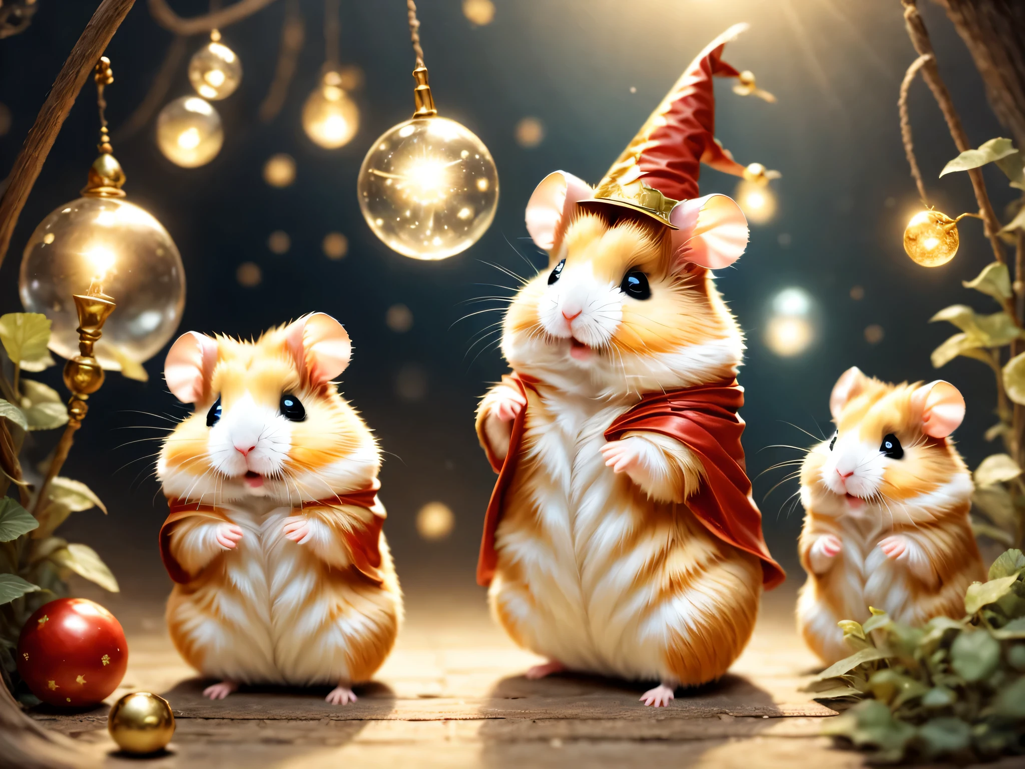 魔法で戦うhamster,(hamsterwizard:wizard&#39;clothes:wizard&#39;cane:wizard&#39;hat of:be familiar with),Use of magic,magic effect,,Optics,colorful,masterpiece,highest quality,Fluffy hamsters,all displayed,Chibi,cute,超fun,fun,anatomically correct,The cutest hamster,,hamster,