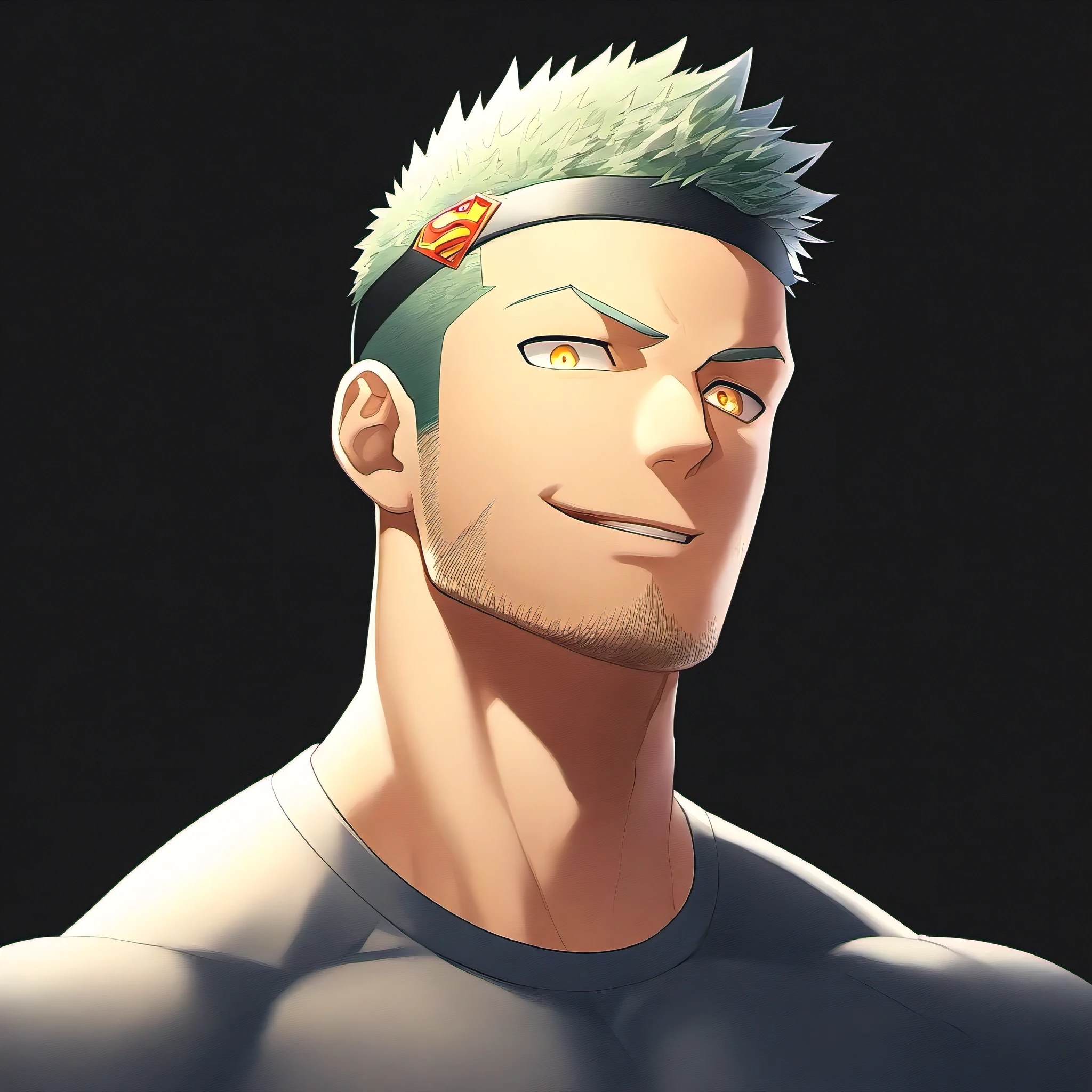 anime characters：Guy, priapus, 1 young muscular man, male focus, Sporty black headband, turtleneck superman tight t-shirt, superman logo, muscular male, muscular, only, Upper body, alone, white short hair, stubble, yellow eyes, blink, black background, Simple background, amazing quality, best aesthetics, ridiculous, bright pupils, short hair, naughty face, torogao, open lips, best quality